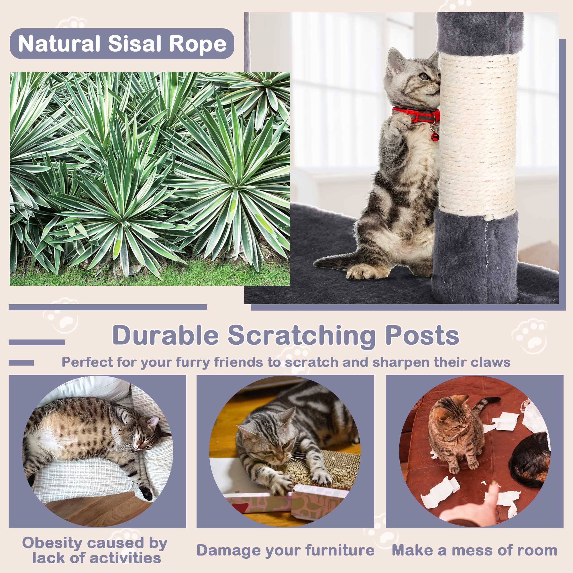 54 Inches Cat Tree For Indoor Cats, Multi-Level Cat Tree Cat Tower With Sisal-Covered Scratching Posts, Stable Cat Trees And Tow