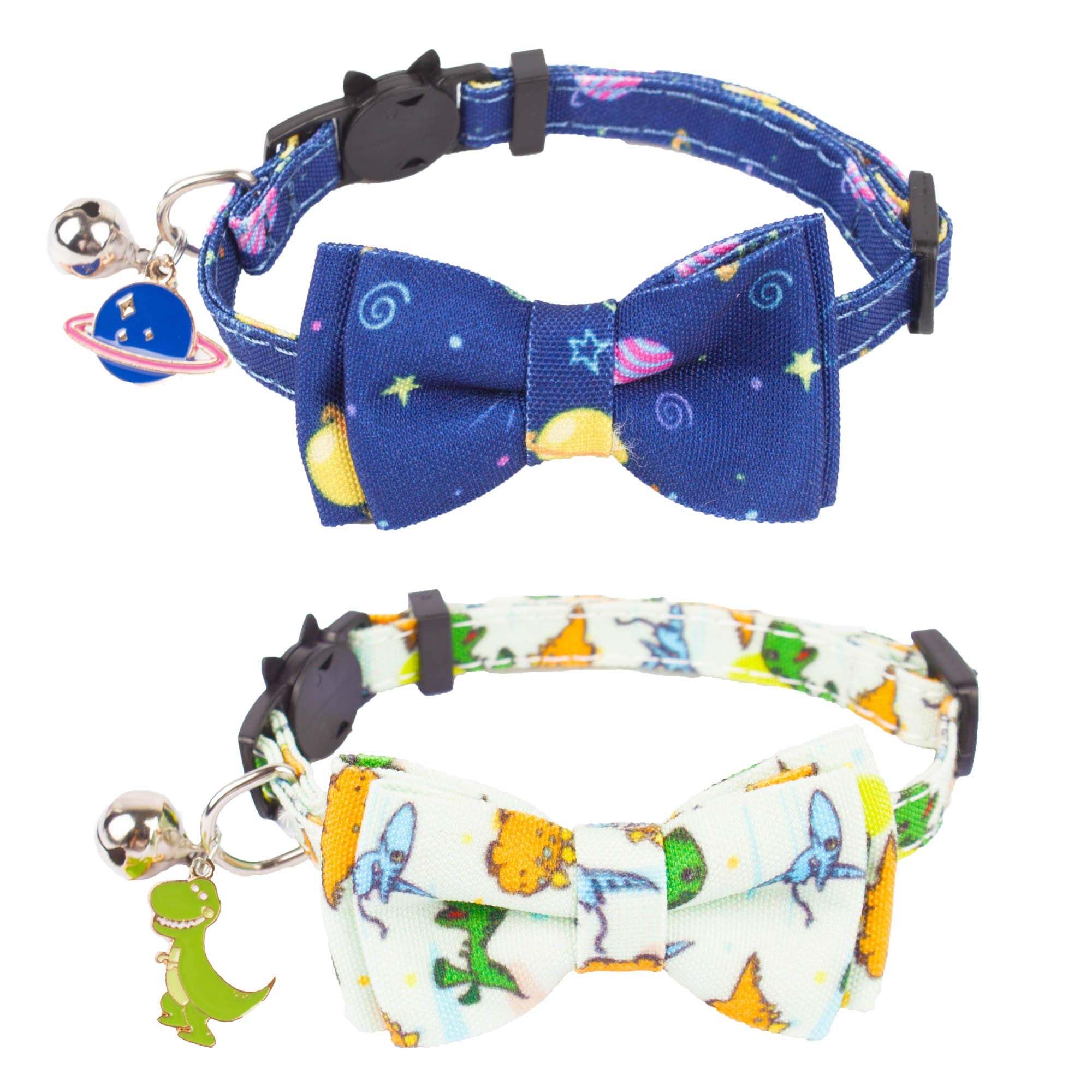 Adoggygo Cat Collar Breakaway With Cute Bow Tie Bell, 2 Pack Kitten Collar With Removable Bowtie, Universe Dinosaur Bowtie Colla