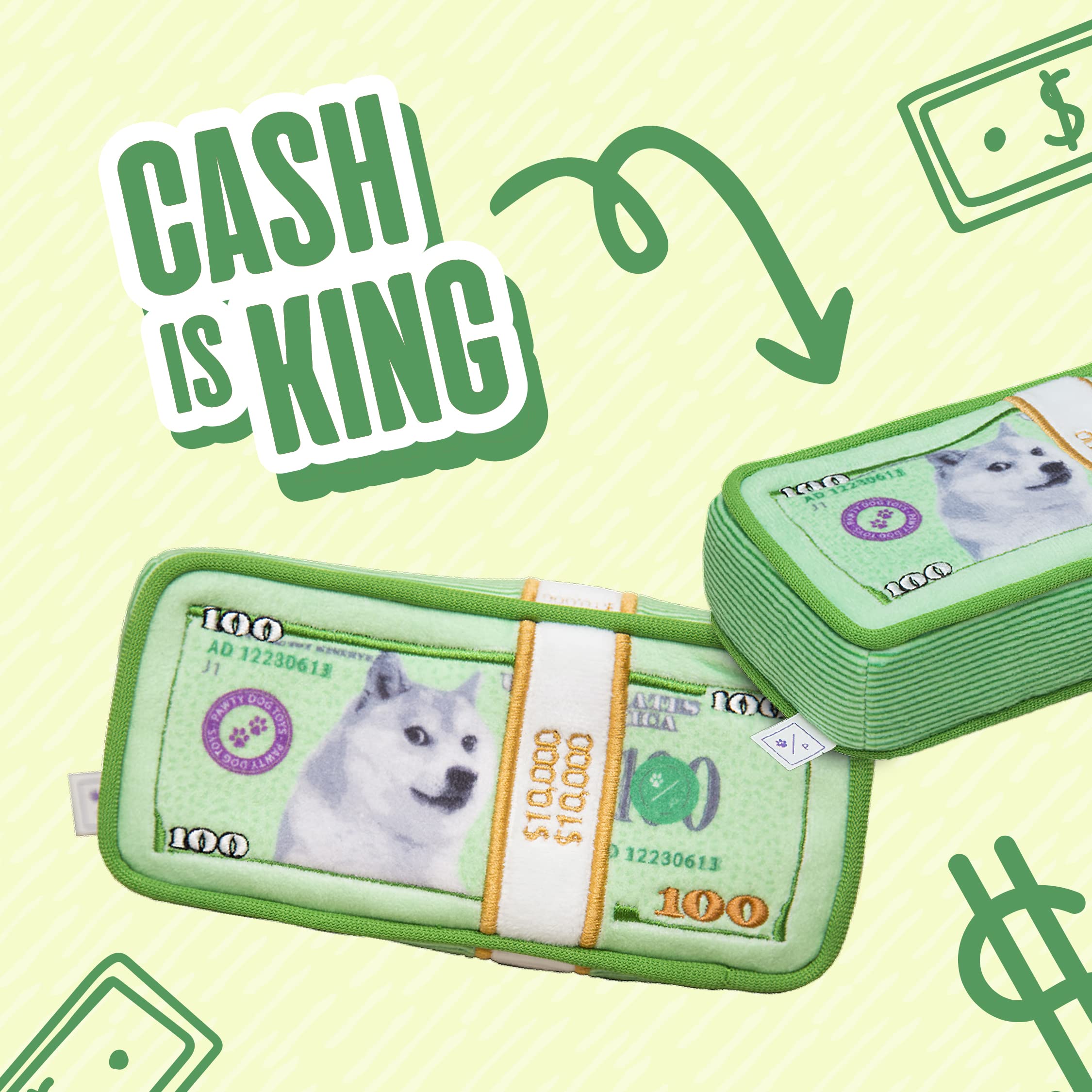Pawty Dog Toys - Cash Money Dog Toy - Plush Cute Unique Parody Toy With Squeaker - Funny Birthday Gift Small Medium Dogs Premium Quality - Unique Design