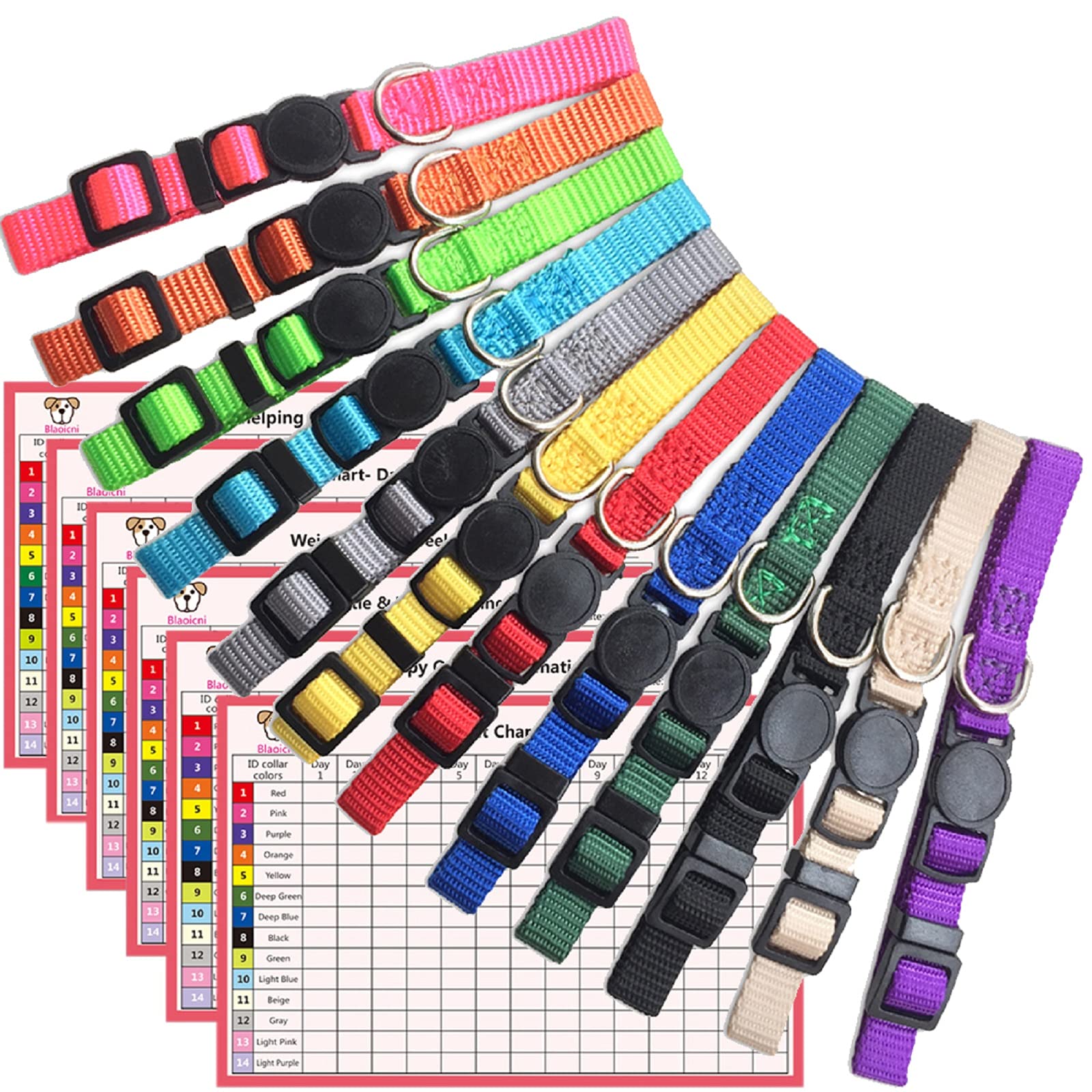Puppy Id Collar Identification Soft Nylon Adjustable Breakaway Safety Whelping Litter Collars For Newborn Pets With Record Keeping Charts 12Pcs/Set(M)