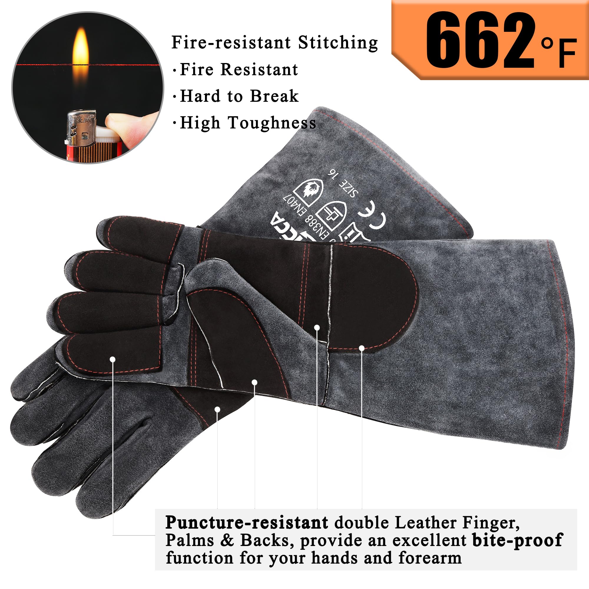 RAPICCA Animal Handling Gloves Bite Proof Double Leather Reinforced Padding Dog,Cat Scratch,Bird Handling Falconry Gloves Grabbi