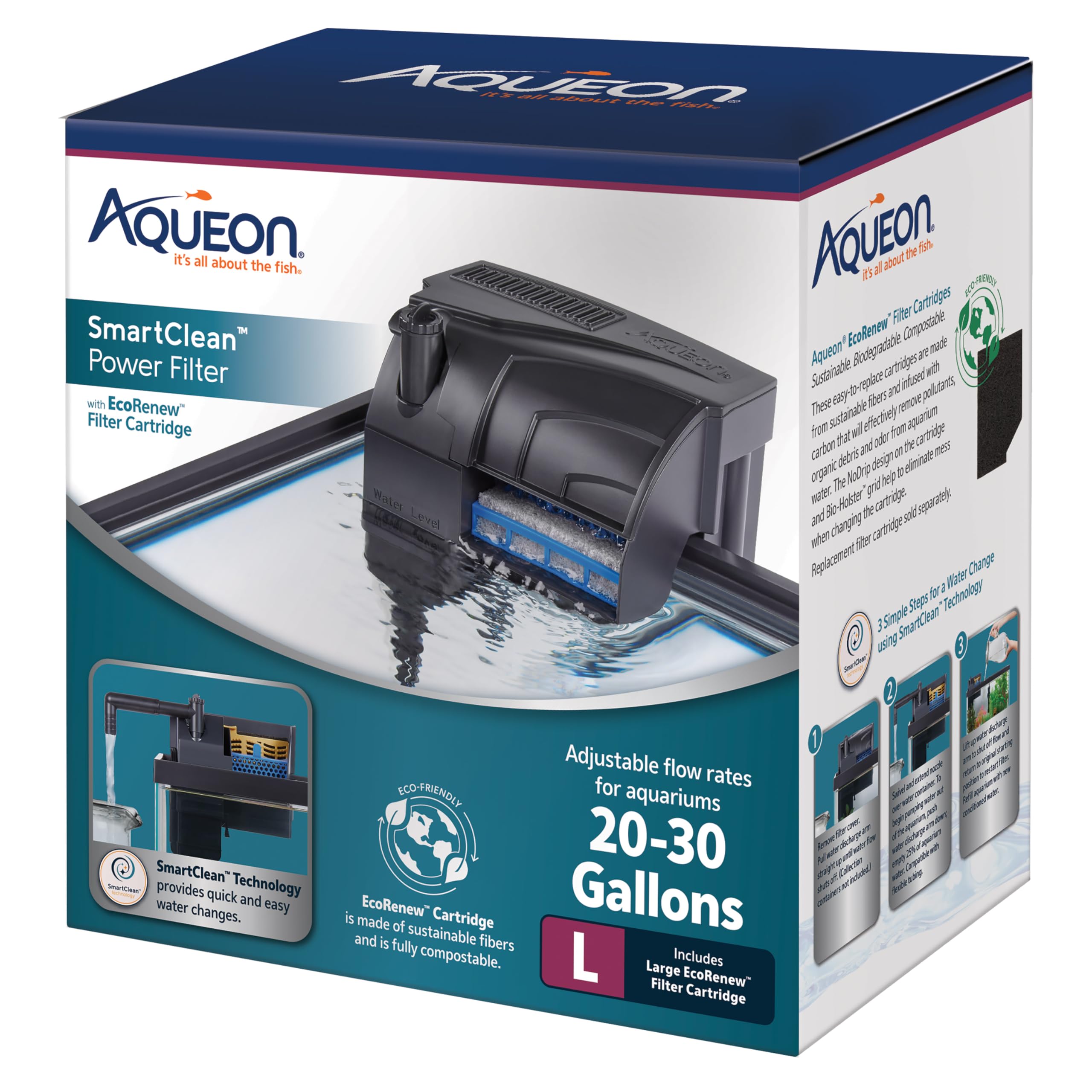 Aqueon Aquarium Fish Tank SmartClean Power Filter with EcoRenew Filter Cartridge, 20-30 Gallons