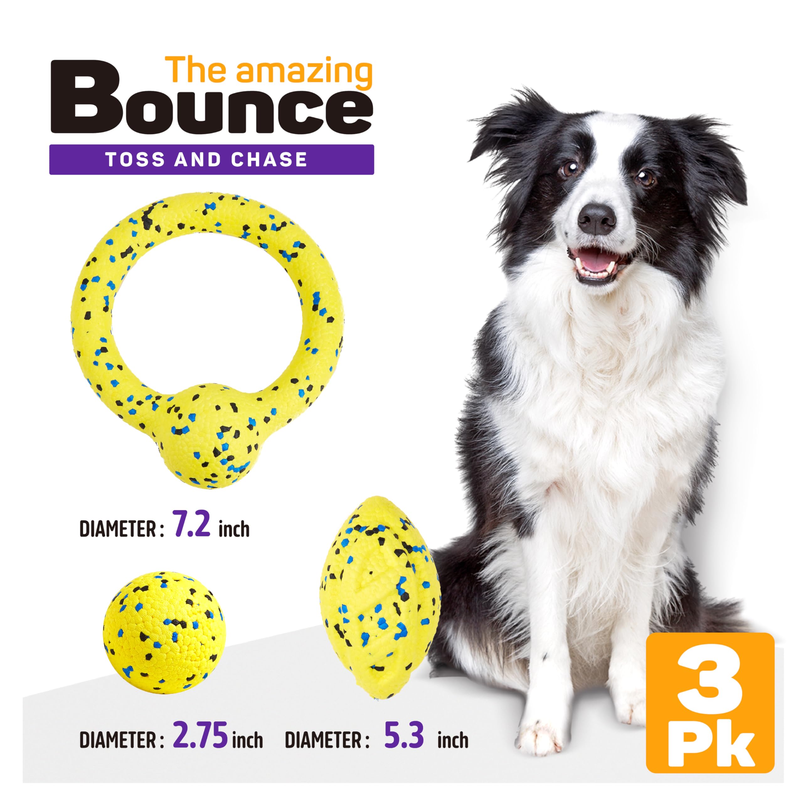 Kimee Dog Balls - 3Pcs Durable Chew Toys for Aggressive Chewers, Interactive Fetch Balls, Yellow, Ideal for Large & Medium Dogs and Puppies