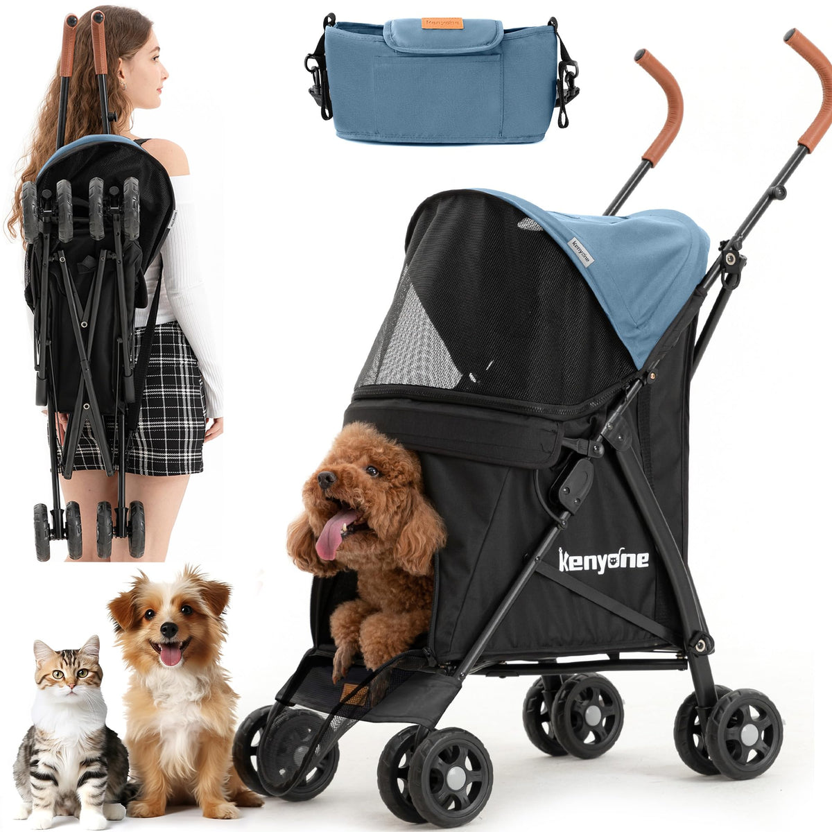 Kenyone Lightweight Pet Stroller, Premium Portable Compact Travel Dog Stroller For Small And Medium Cats, Dogs, Puppy