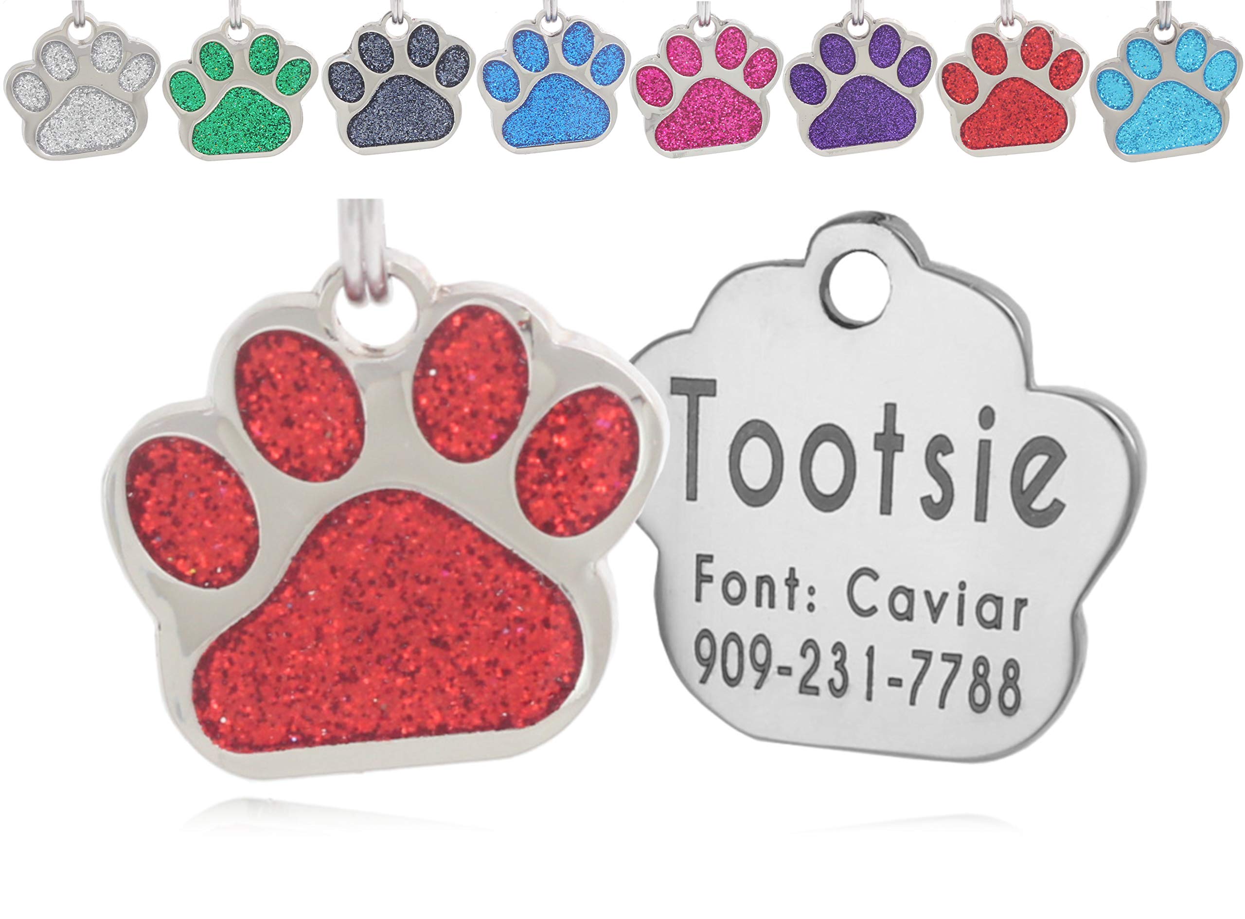 Io Tags Pet Id Tags, Personalized Dog Tags And Cat Tags, Custom Engraved, Easy To Read, Cute Glitter Paw Pet Tag (Red)
