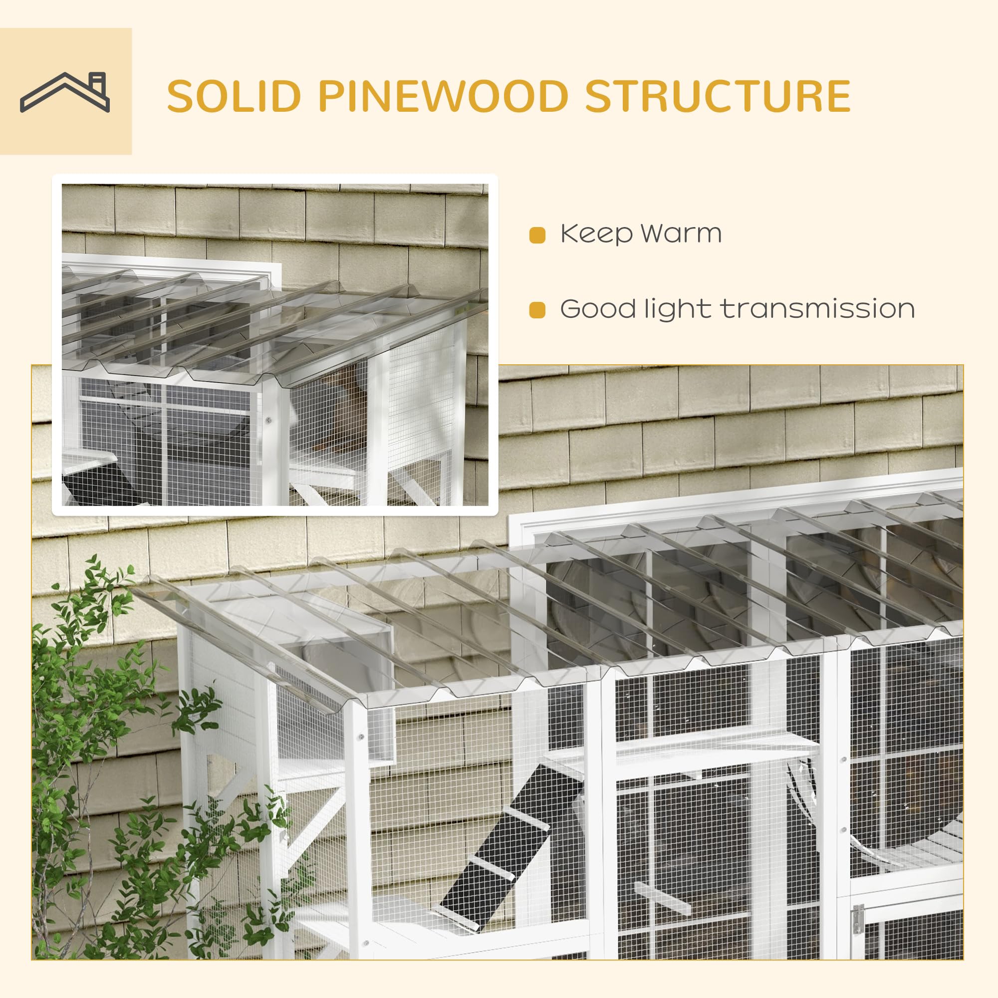 Pawhut Catio Playground Cat Window Box Outside Enclosure, Outdoor Cat House With Weather Protection Roof For Multiple Kitties, Wooden Frame, Shelves & Bridges, 118' X 37.5' X 74', White