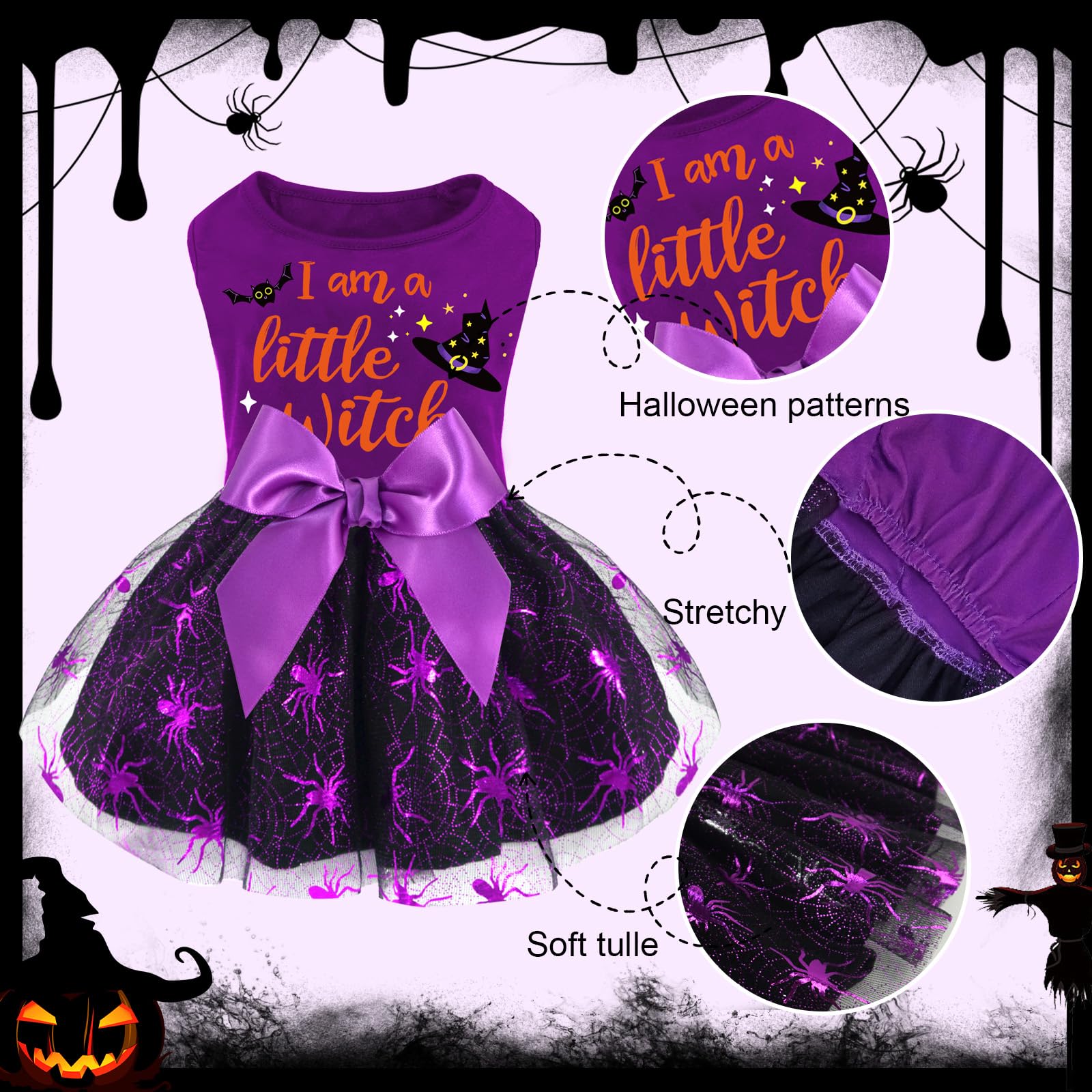 Xpudac Halloween Dog Dress Witch Tulle Dress Holiday Dog Clothes For Small Dogs Girl, Spider Pet Costume Cat Apparel, Purple-Xs