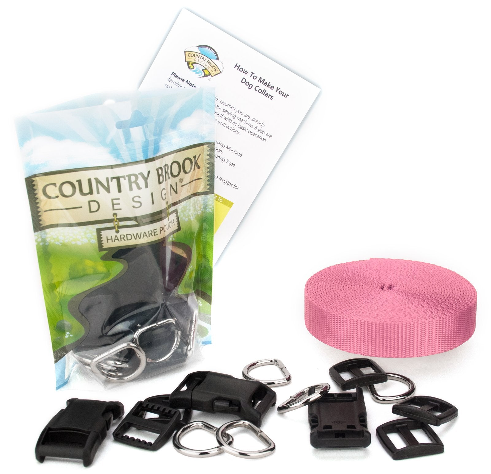 Country Brook Design Easy Diy Dog Collar Kit For (10) 1 Inch Collars With Nylon Webbing, D-Rings, Triglides And Buckles (Pink)