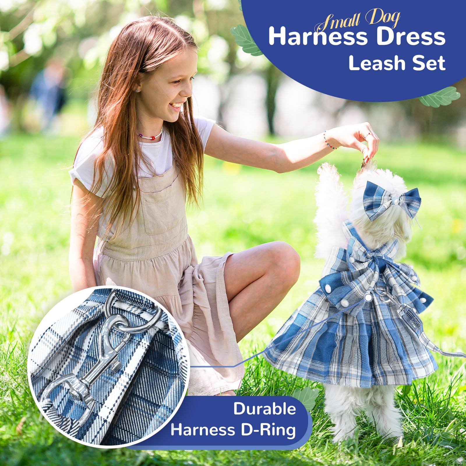 Petcare Cute Dog Dress Clothes For Small Dogs Cats Girl Female Blue Plaid Bow Tie Dog Harness Dresses Leash Set With Pearls Bow