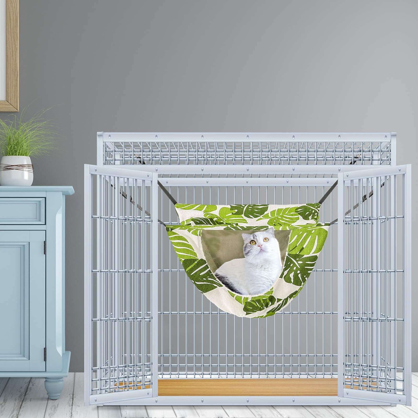 Onenin Cat Cage Hammock,Hanging Soft Pet Bed For Kitten Ferret Puppy Rabbit Or Small Pet,Double Layer Hanging Bed For Pets,2 Level Indoor Bag For Spring/Summer/Winter (Green & White)