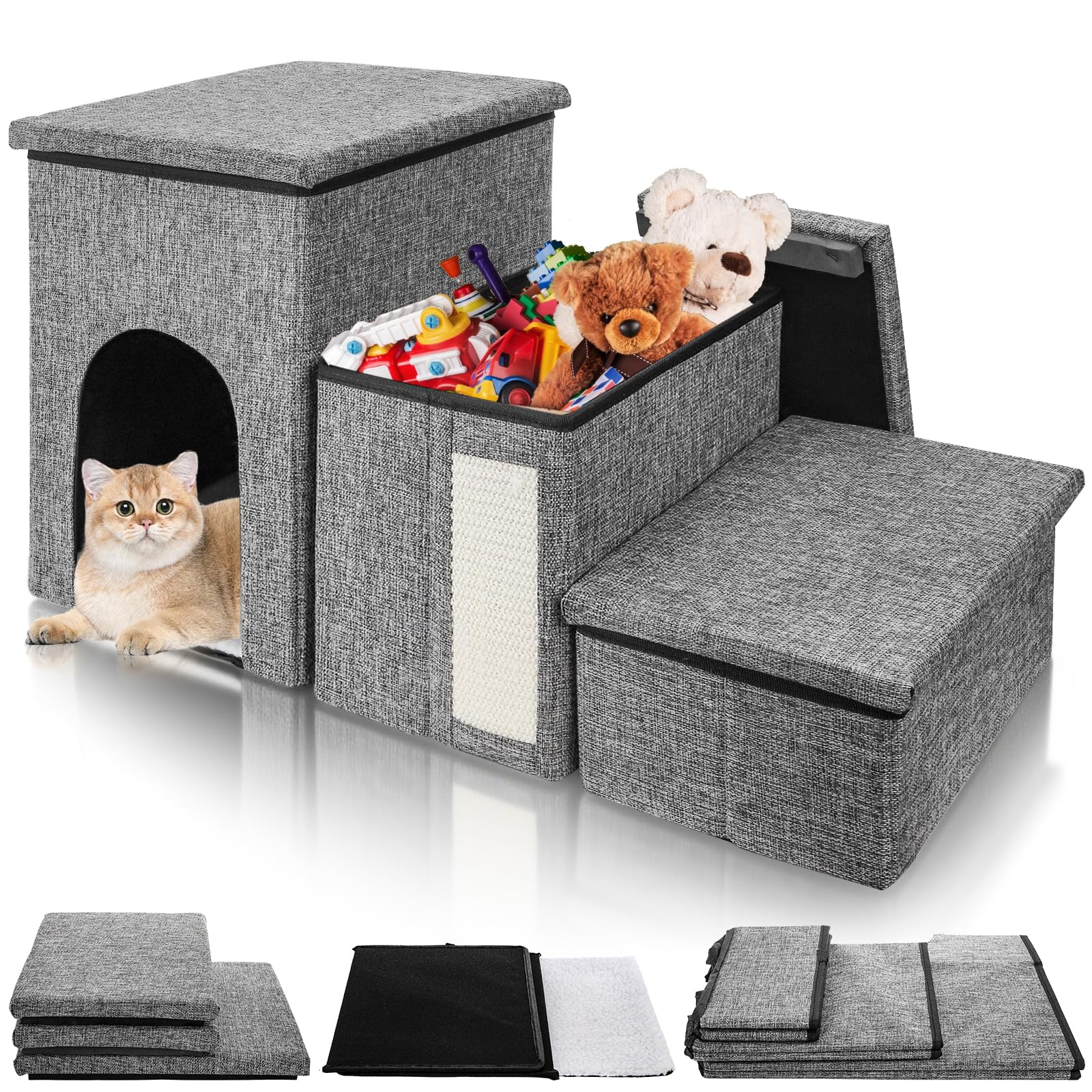 YIMITEE Dog Stairs for Small Dogs, 3 Tiers Dog Step with Storage, Foldable Older Cat Ramp with Condo Cat Scratcher, Portable Pet