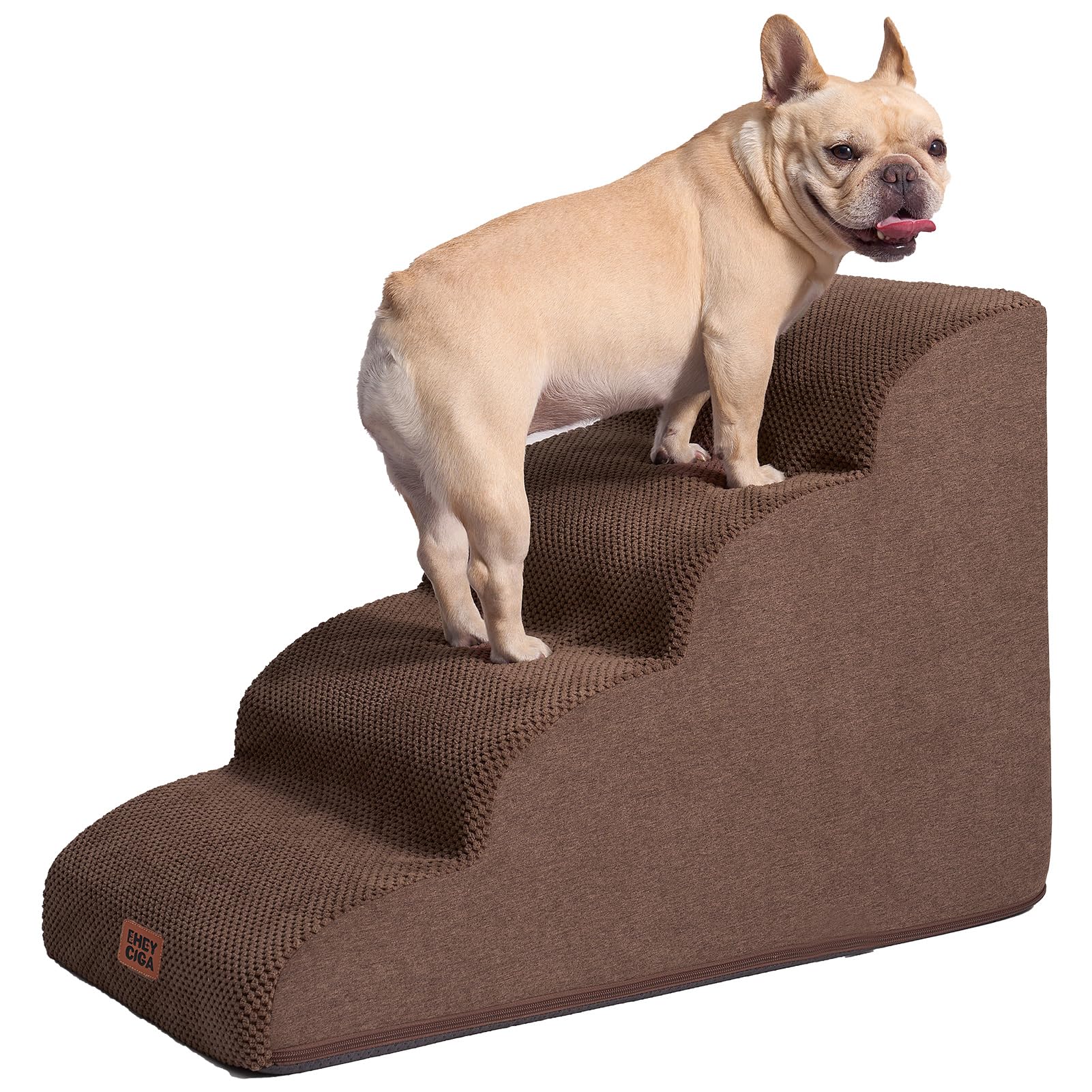 Eheyciga Curved Dog Stairs Ramp For High Beds 19.7' H, 4-Step Dog Steps For Small Dogs And Cats, Pet Stairs For High Bed Climbing, Non-Slip Balanced Pet Step Indoor, Brown