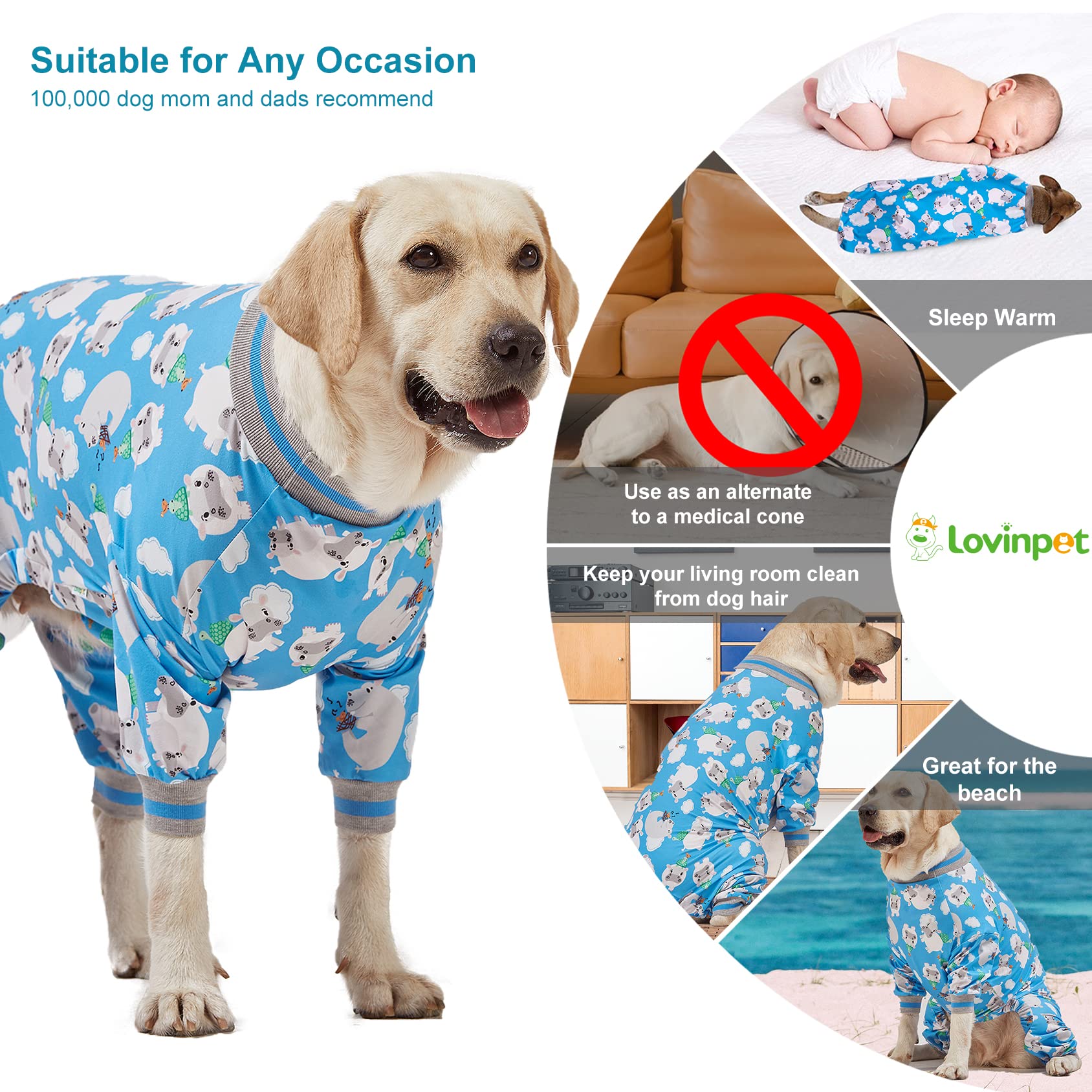 Lovinpet Pet Pjs For Large Dogs/Cozy Dog Pajamas, Slim Fit, Lightweight Pullover/Full Coverage Dog Pjs/Happy Hippo Blue Print/Large Breed Dog Pjs /2Xl