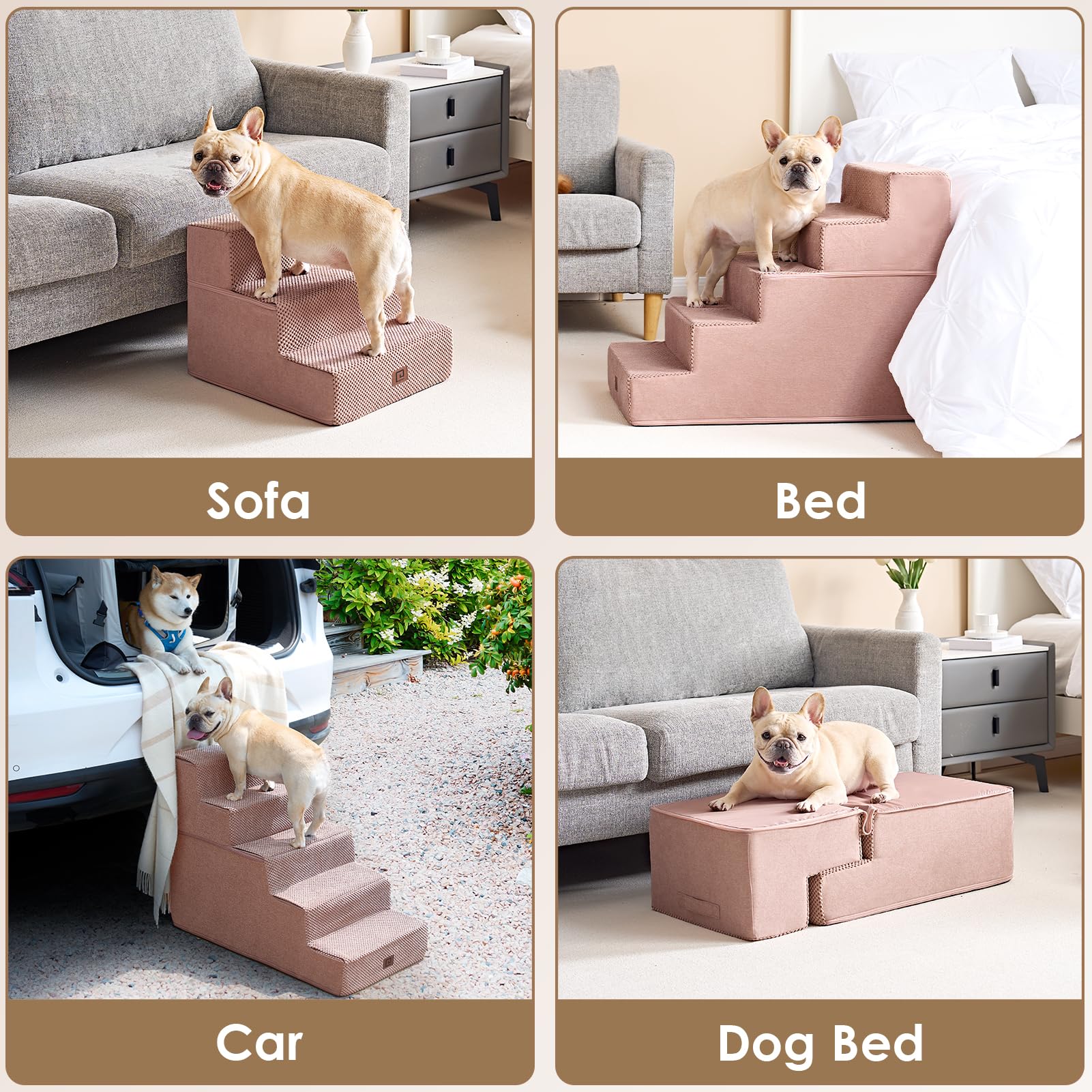 Eheyciga Dog Stairs For High Bed 22.5”H, 5-Step Dog Steps For Bed, Pet Steps For Small Dogs And Cats, Non-Slip Balanced Dog Indoor Ramp, Pink