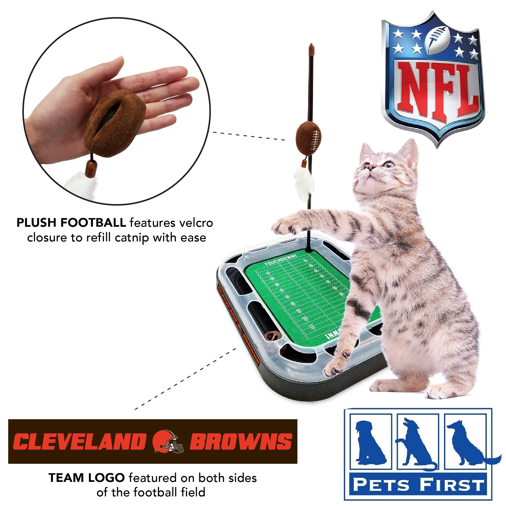 Pets First Cat Toy NFL CLEVELAND BROWNS FOOTBALL FIELD CAT SCRATCHER TOY with CATNIP Filled Plush FOOTBALL Toy & Feather Cat Toy
