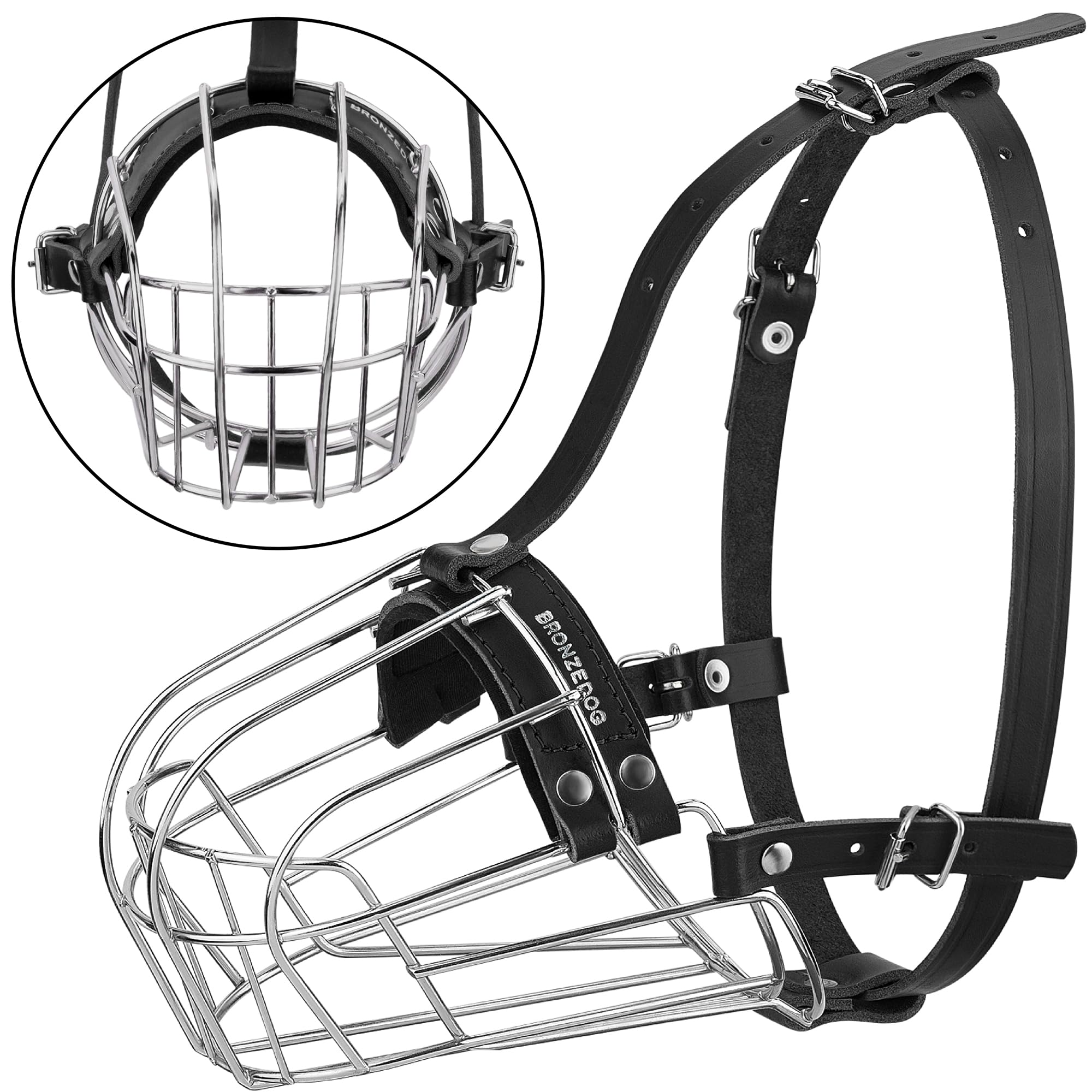 Bronzedog Pitbull Dog Muzzle Metal Mask Amstaff Wire Basket Pit Bull Adjustable Leather Straps For Large Dogs (Graphite Metal)