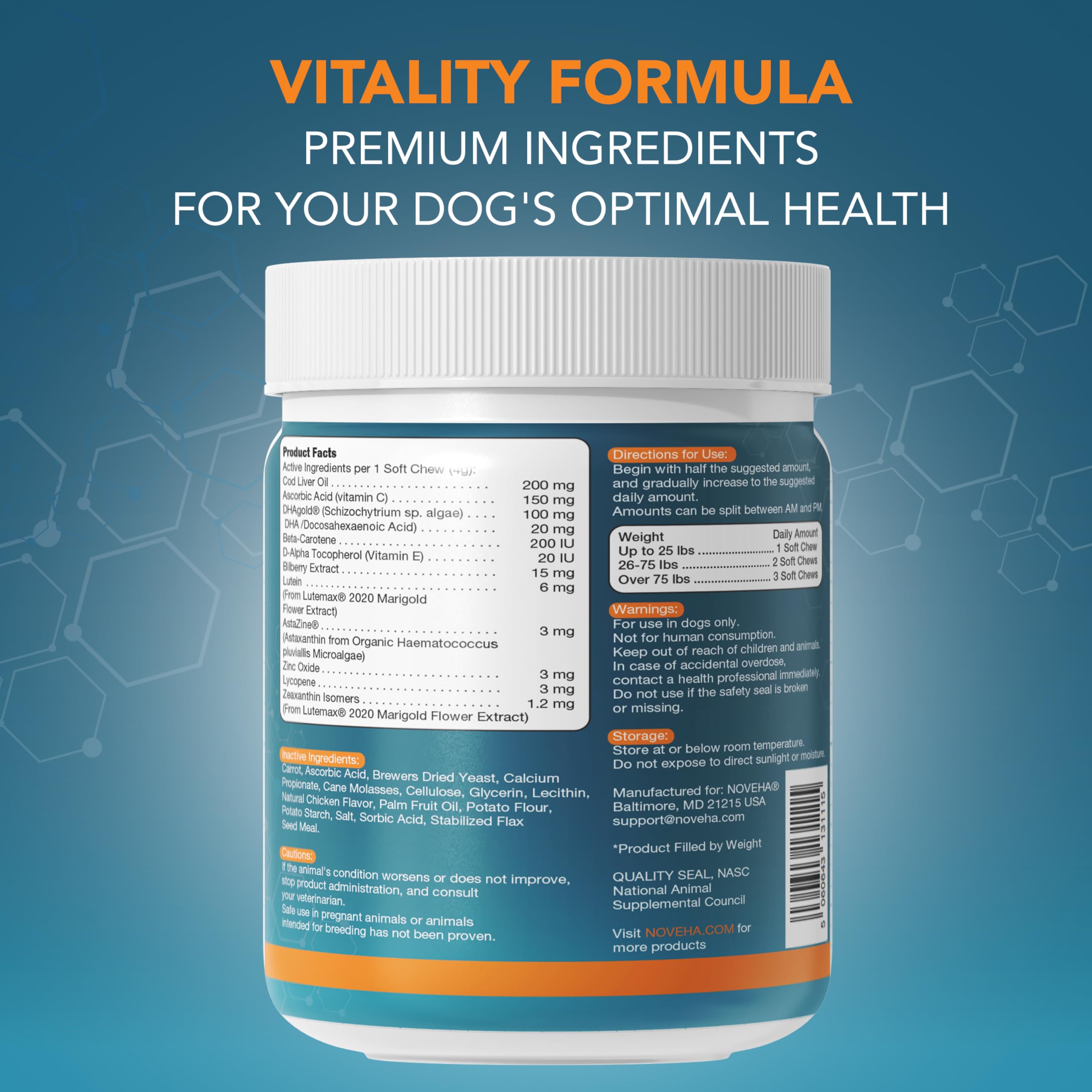 NOVEHA Eye Supplement for Dogs (90 Chews)- Vision Support with Lutein + Vitamin C & Astaxanthin Antioxidants - Dog Vitamins for