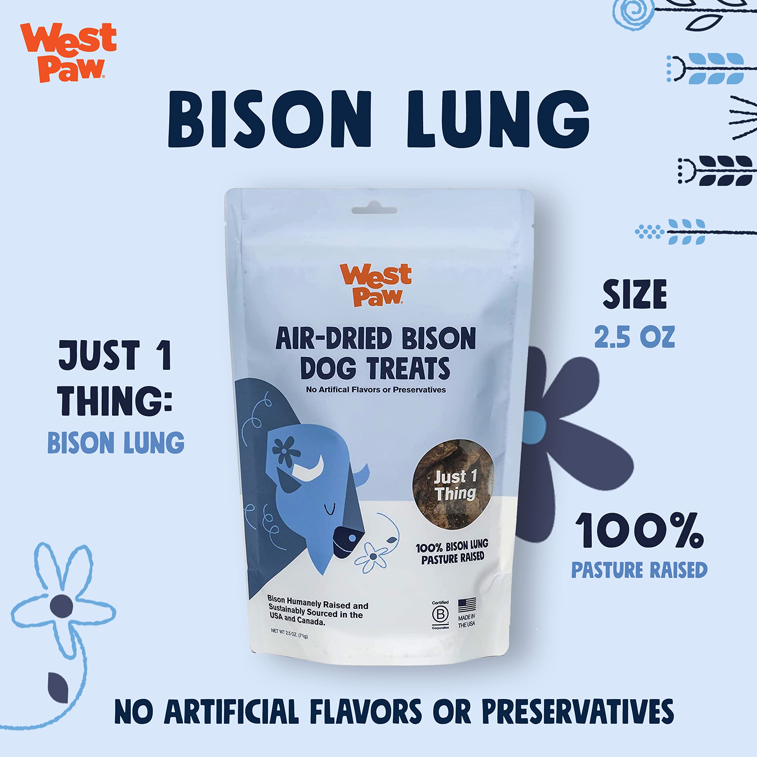 WEST PAW Air Dried Bison Lung Dog Treats - Farm Fresh Bison Lung Snacks for Dogs - Wholesome Canine Treat - Vitamins, Minerals,