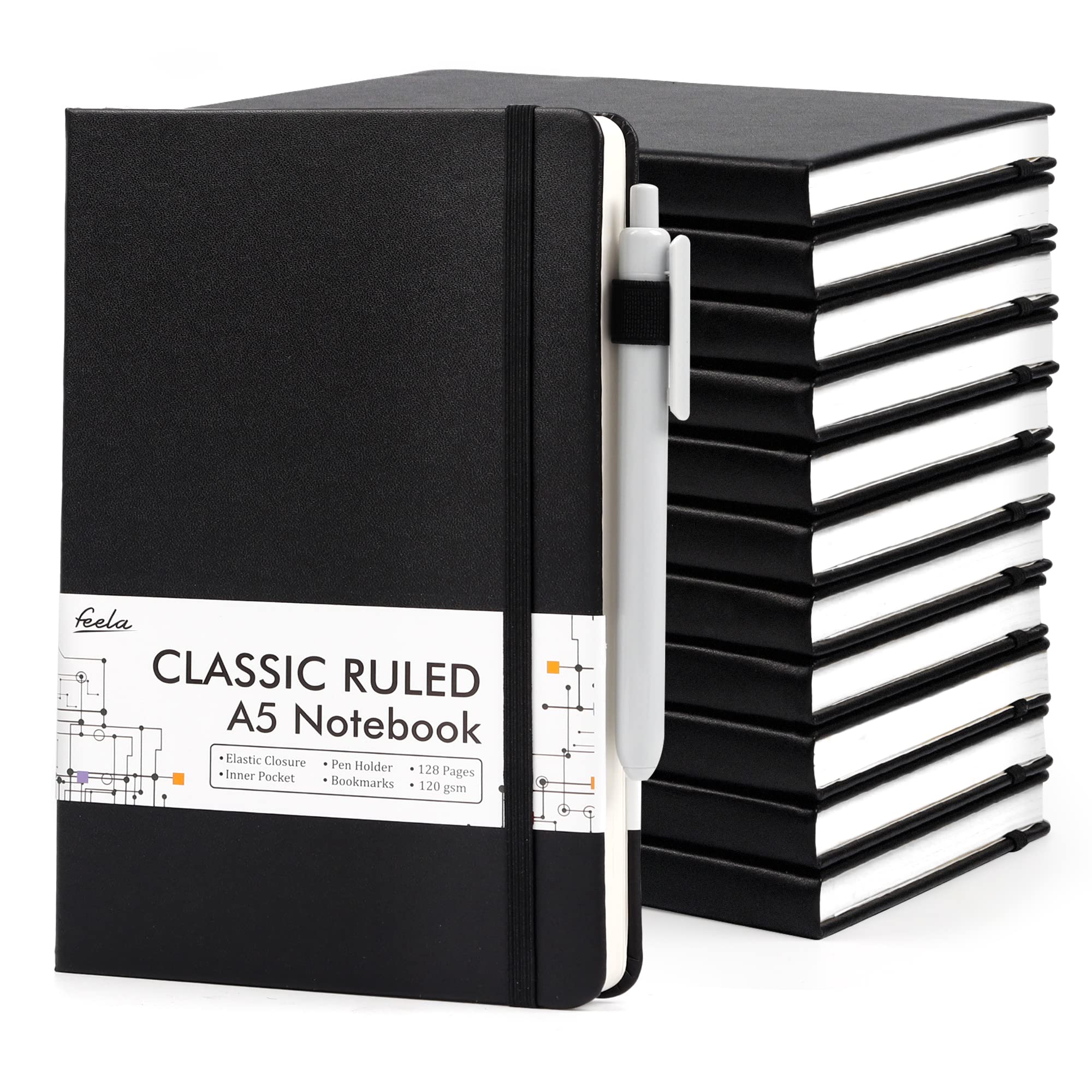 12 Pack Notebooks Journals Bulk With 12 Black Pens, Feela A5 Hardcover Notebook Classic Ruled Journal Set With Pen Holder For Sc