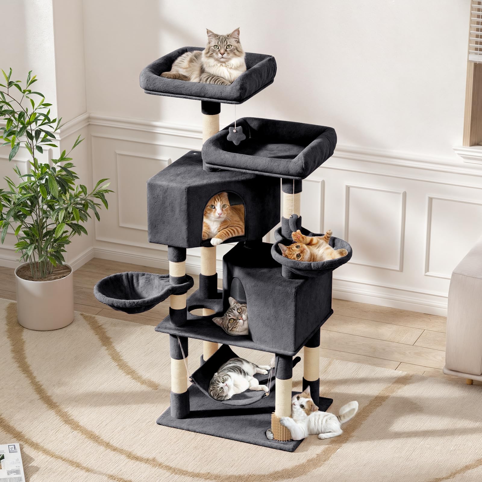 Magshion 58'' Cat Tree Tower With Toy, Multi-Level Cat Condo With Scratching Posts, 2 Top Perches, Hammock, And Dangling Ball, C