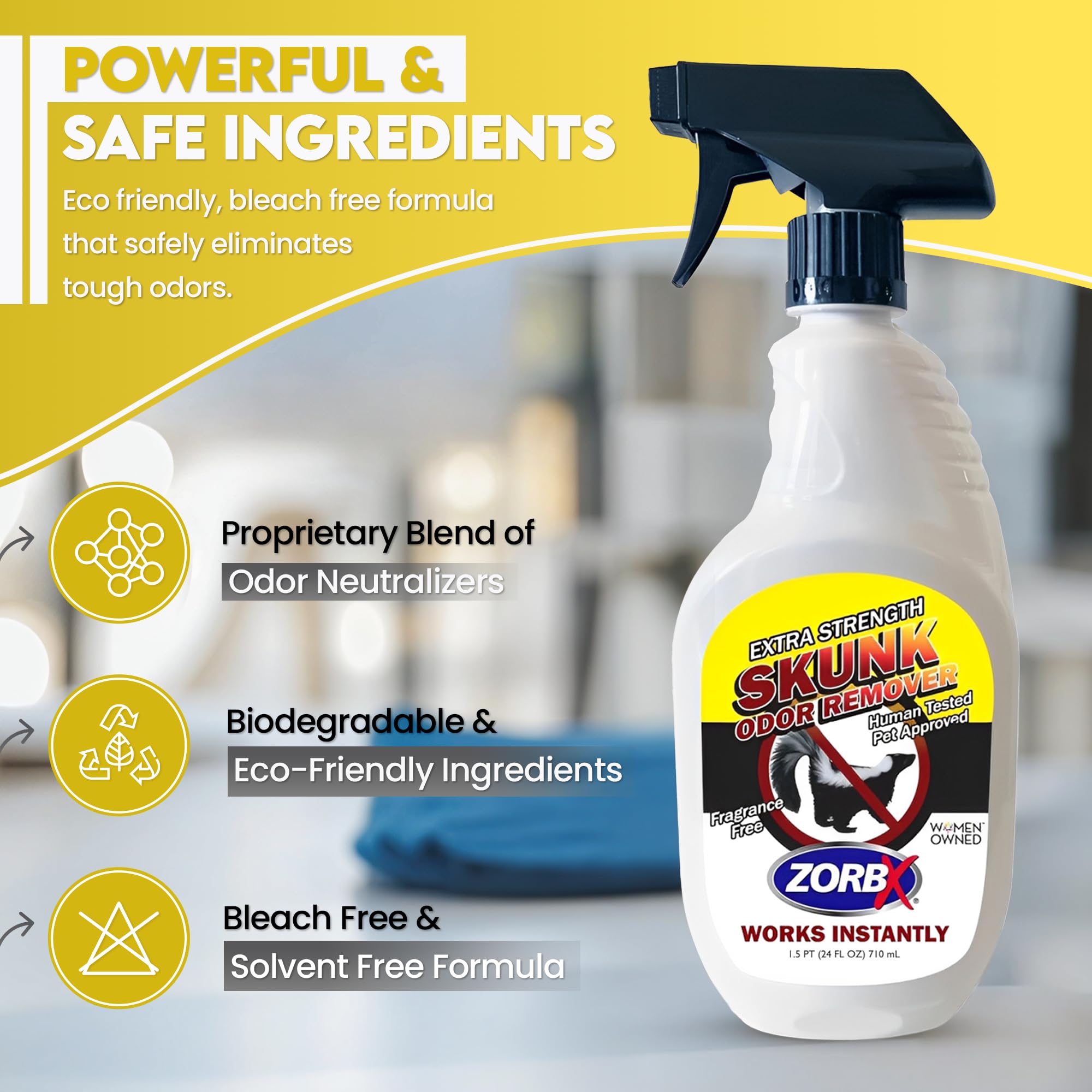 Zorbx Unscented Skunk Odor Remover Spray - Fast Acting Skunk Smell Removal | Extra Strength Skunk Odor Eliminator For Dogs, House, Home, Car, Clothes & Furniture (24 Fl Oz.)