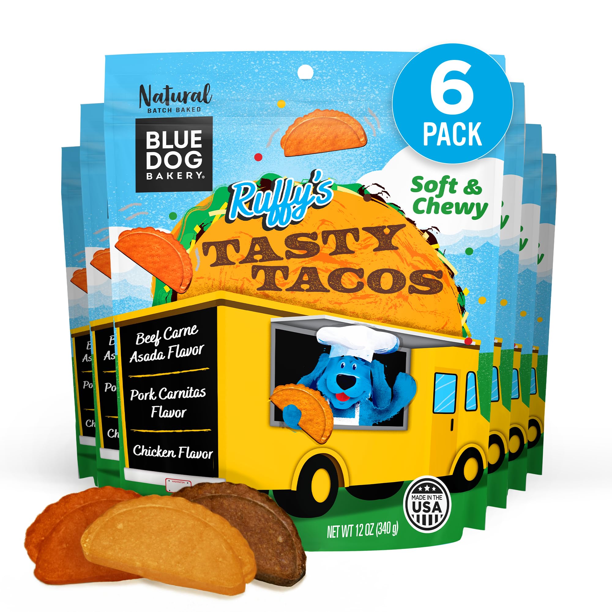 Blue Dog Bakery Tasty Tacos Snacks | Small, Soft Chicken, Beef, Pork Flavors | Natural Healthy Dog Treats | Ruffy s Food Trucks