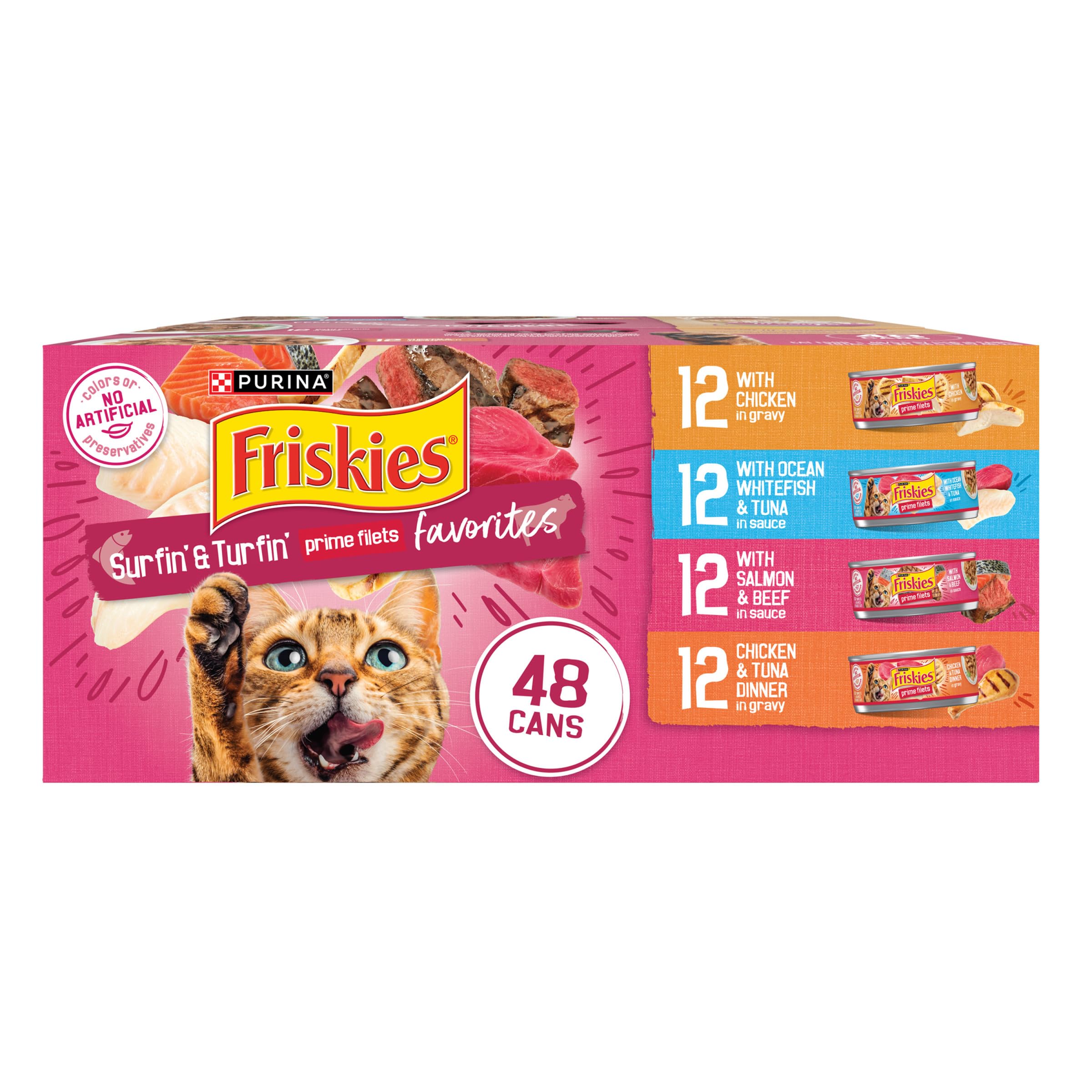 Purina Friskies Gravy Wet Cat Food Variety Pack, Surfin and Turfin Prime Filets Favorites - 48 ct. Can
