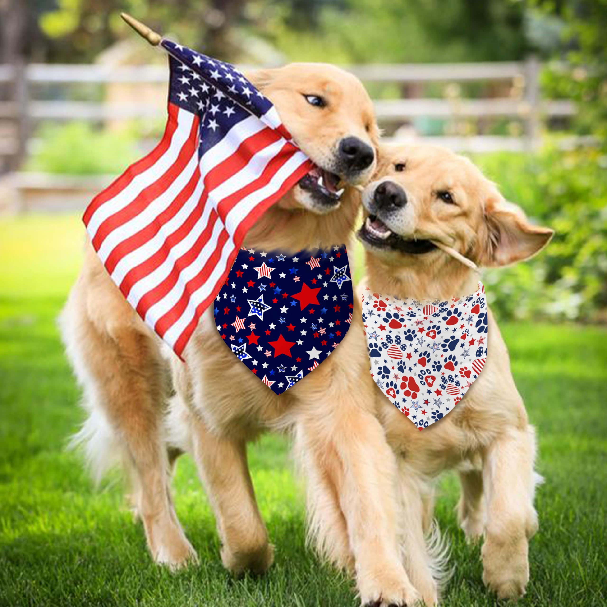 4Th Of July Dog Bandana Reversible 2 Pack Large, Red White And Blue Patriotic Pet Bandanas Set Adjustable Triangle Holiday Scarv