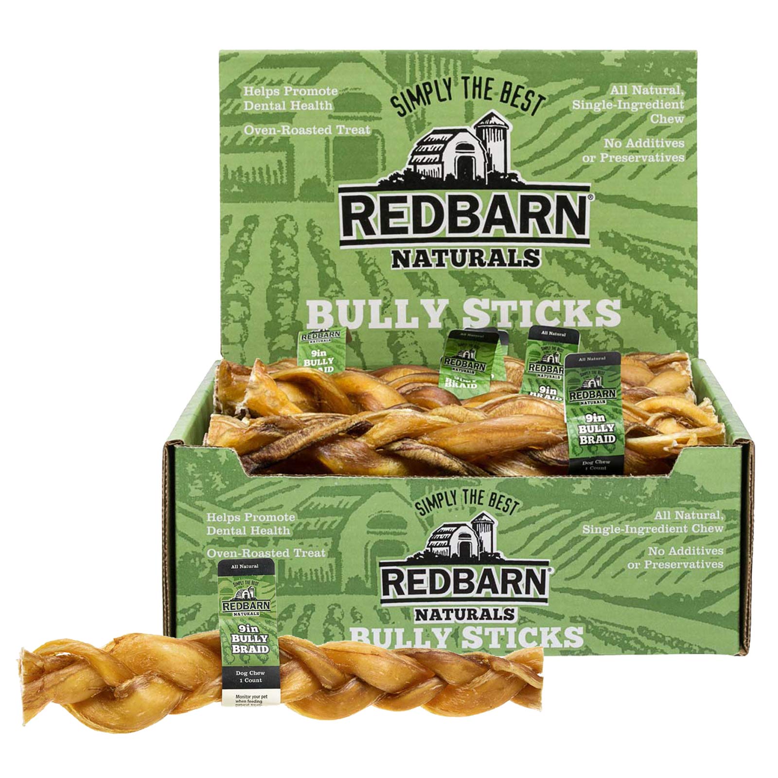 Redbarn 9 Braided Bully Sticks for Dogs. Natural, Grain-Free, Highly Palatable, Long-Lasting Dental Chews Sourced from Free-Rang