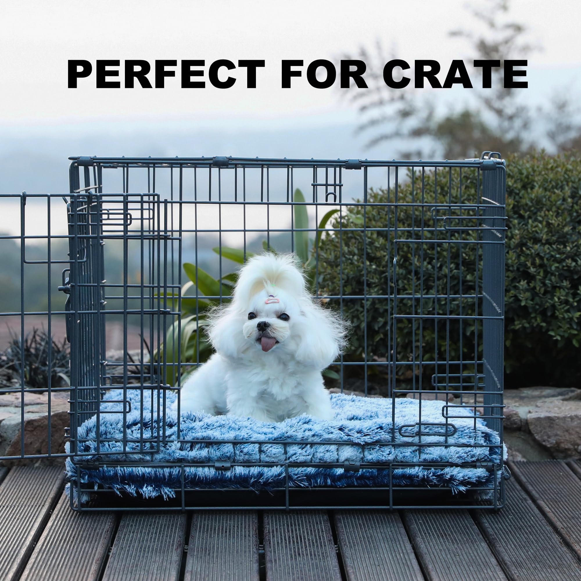 Bedfolks Waterproof Crate Bed, Plush Dog & Cat Bed With Removable Washable Cover, Faux Fur Kennel Pad, 23''X18'', Dark Blue