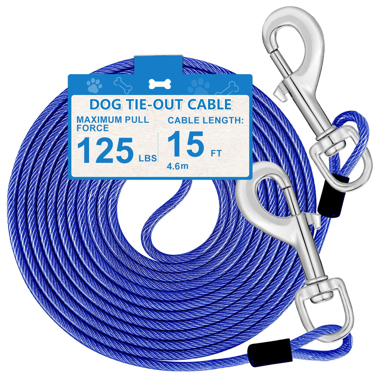 15Ft Dog Tie Out Cable, Dog Leash Heavy Duty Tie Out Cable For Large Dogs Up To 125Lbs Pull Force, Dogs Runner For Yard Outdoor 