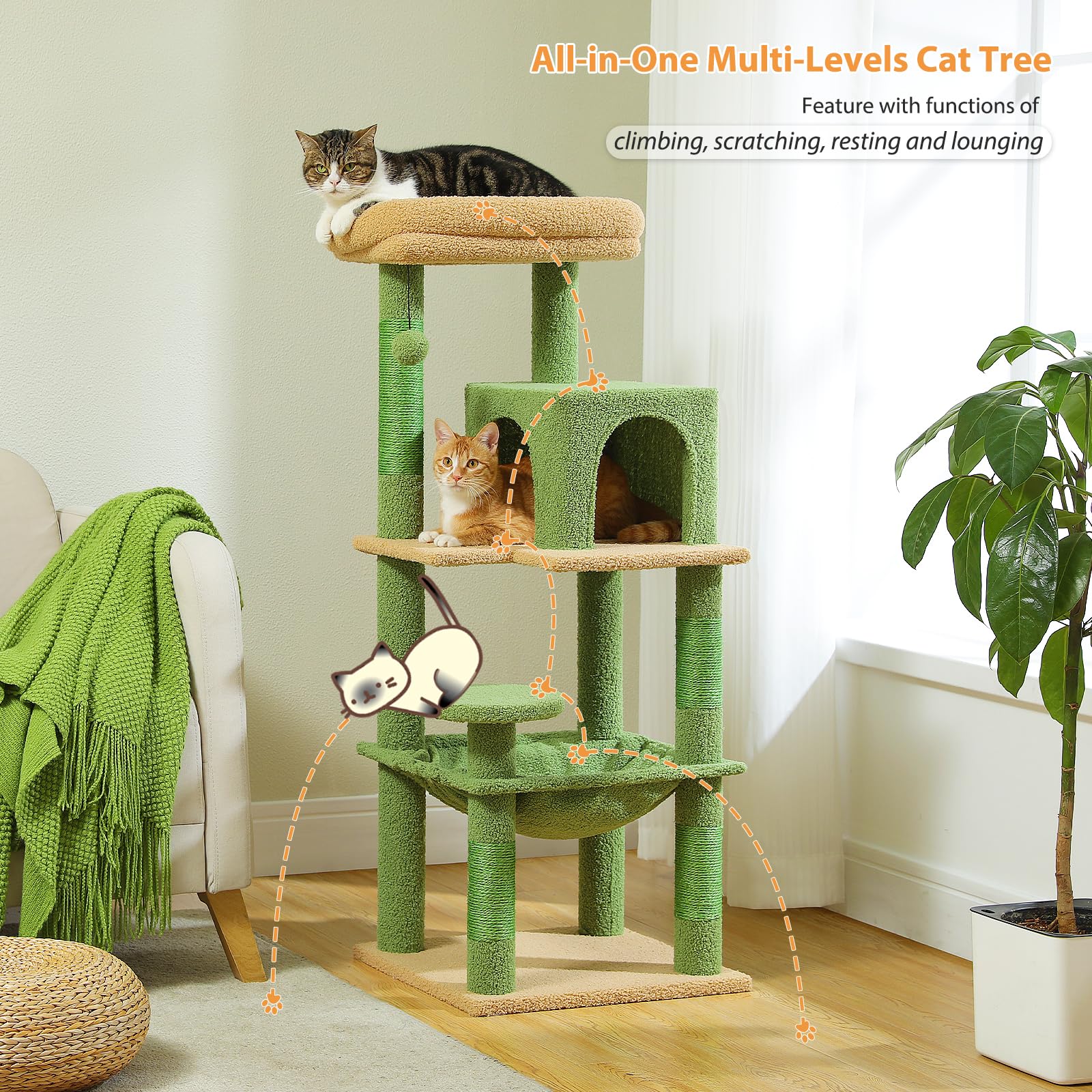 Pequlti 45.7'' Cactus Cat Tree For Indoor Cats With Metal Frame Big Hammock, Cat Tower For Small Or Medium Cats With Cat Condo H