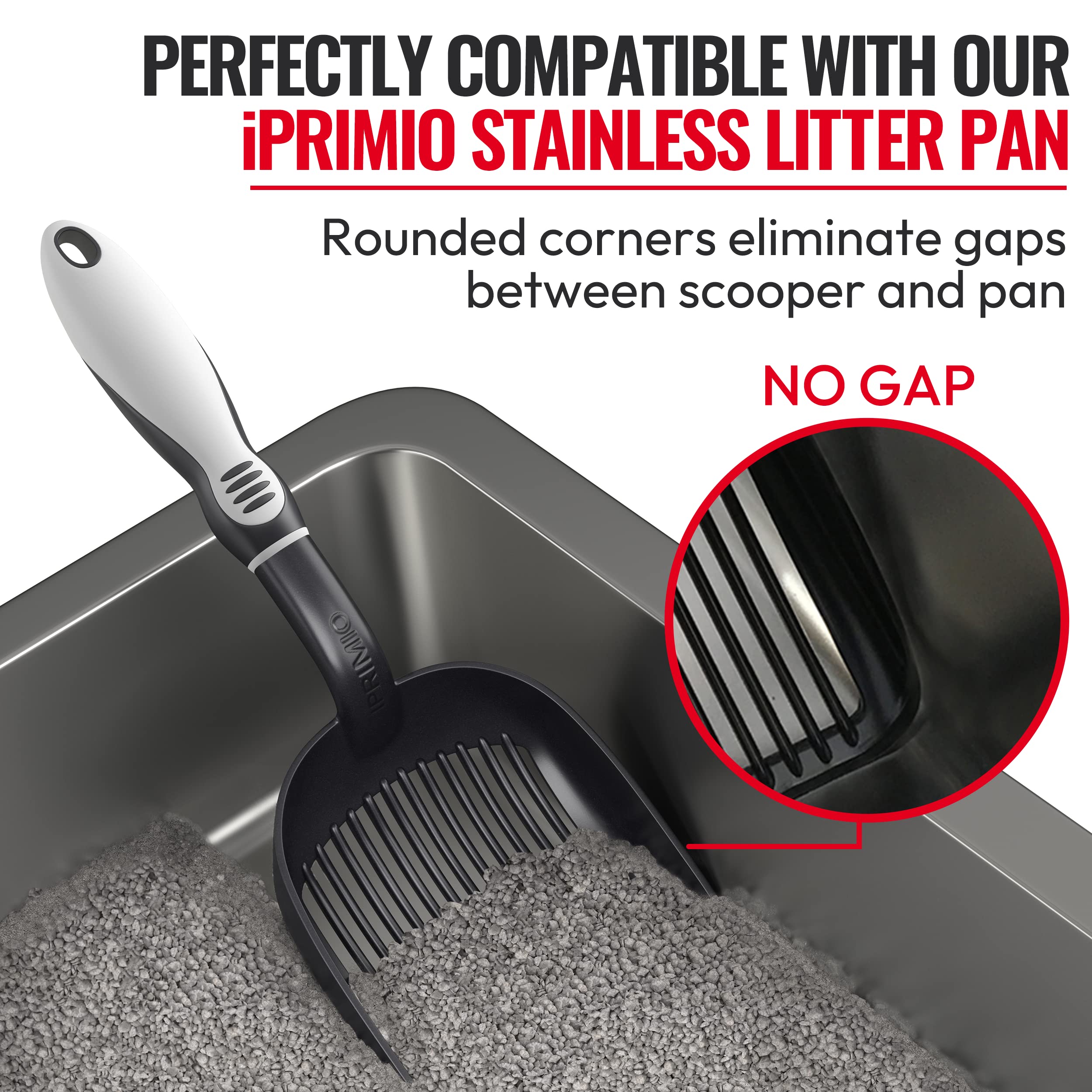 Iprimio Cat Litter Scoop Metal With Deep Shovel - (Black) - Non Stick Plated Aluminum Cat Litter Scooper For Litter Box - Designed By Cat Owners - Patented Sifter With Holder - Super Solid Handle