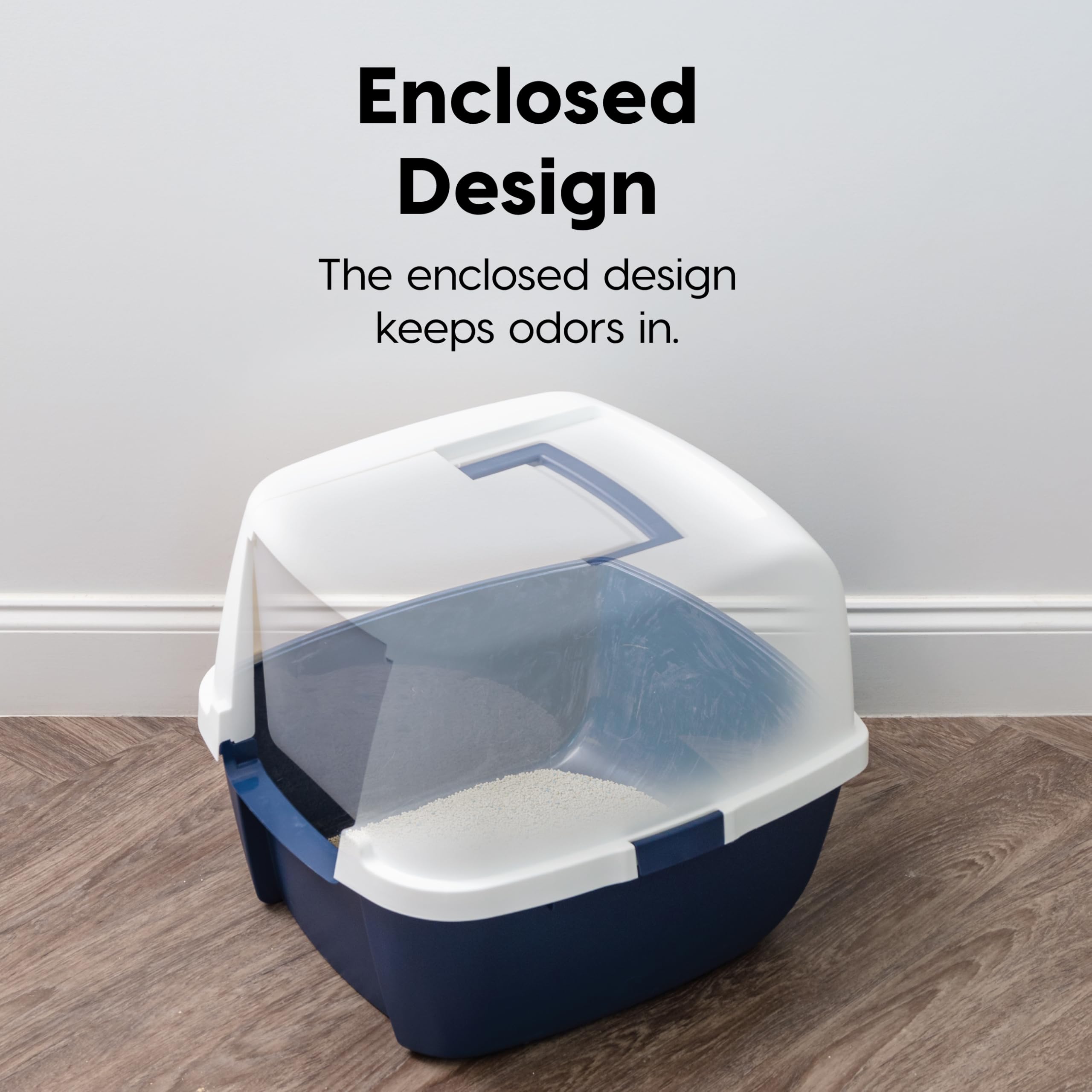 Iris Usa Cat Litter Box, Large Litter Box Enclosure With Front Door Flap And Scoop, Covered Kitty Litter Box With Handle And Buckles For Portability And Privacy, Navy/White