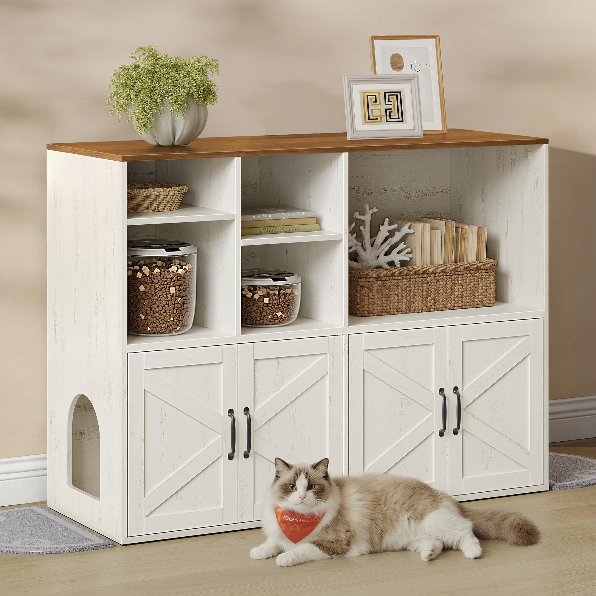 Feandrea Litter Box Enclosure for 2 Cats, Hidden Litter Box Furniture with Storage Cabinet, Double Room, Farmhouse Indoor Cat Ho