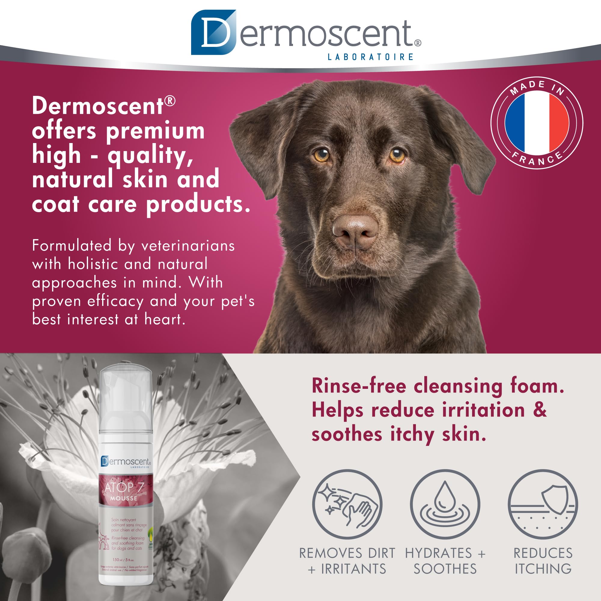 Dermoscent Atop 7 Mousse - Waterless Dog Shampoo For Dogs & Cats - Cleansing Soothing Dry Shampoo For Itchy Skin Relief & Allergy-Prone Skin - 150 Ml