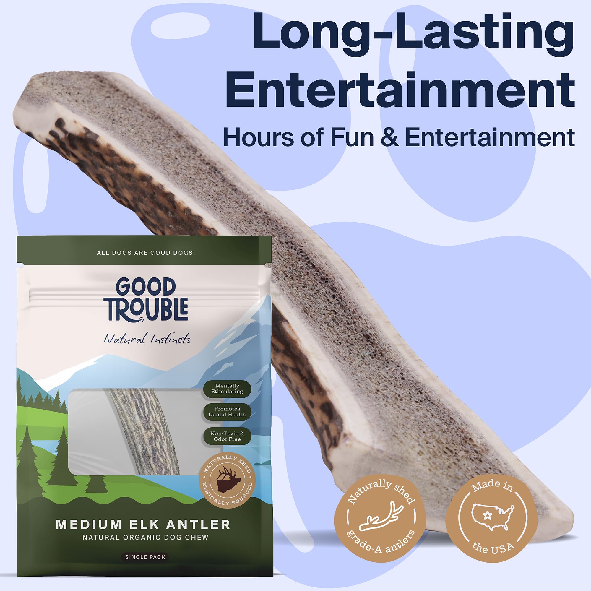 Good Trouble Premium Elk Antlers For Medium Dogs - 1 Pack Split Pets - All-Natural, Shed Antler Chews For Dental Health & Calmin