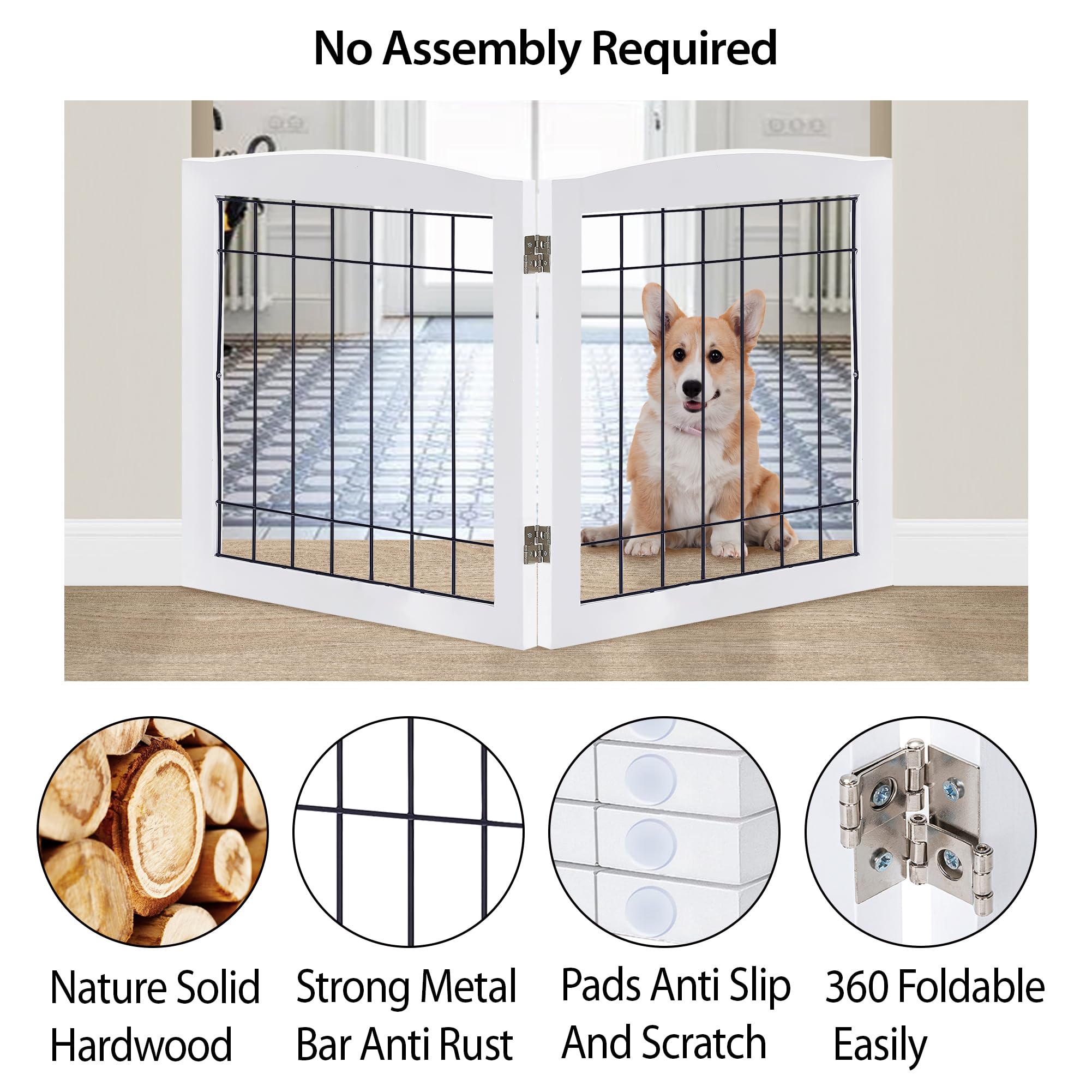 LZRS 2-Panel Freestanding Foldable Wood Dog Gate - Solid Wood & Steel Wire, Chew-Resistant Pet Barrier for Indoor Use, Ideal for