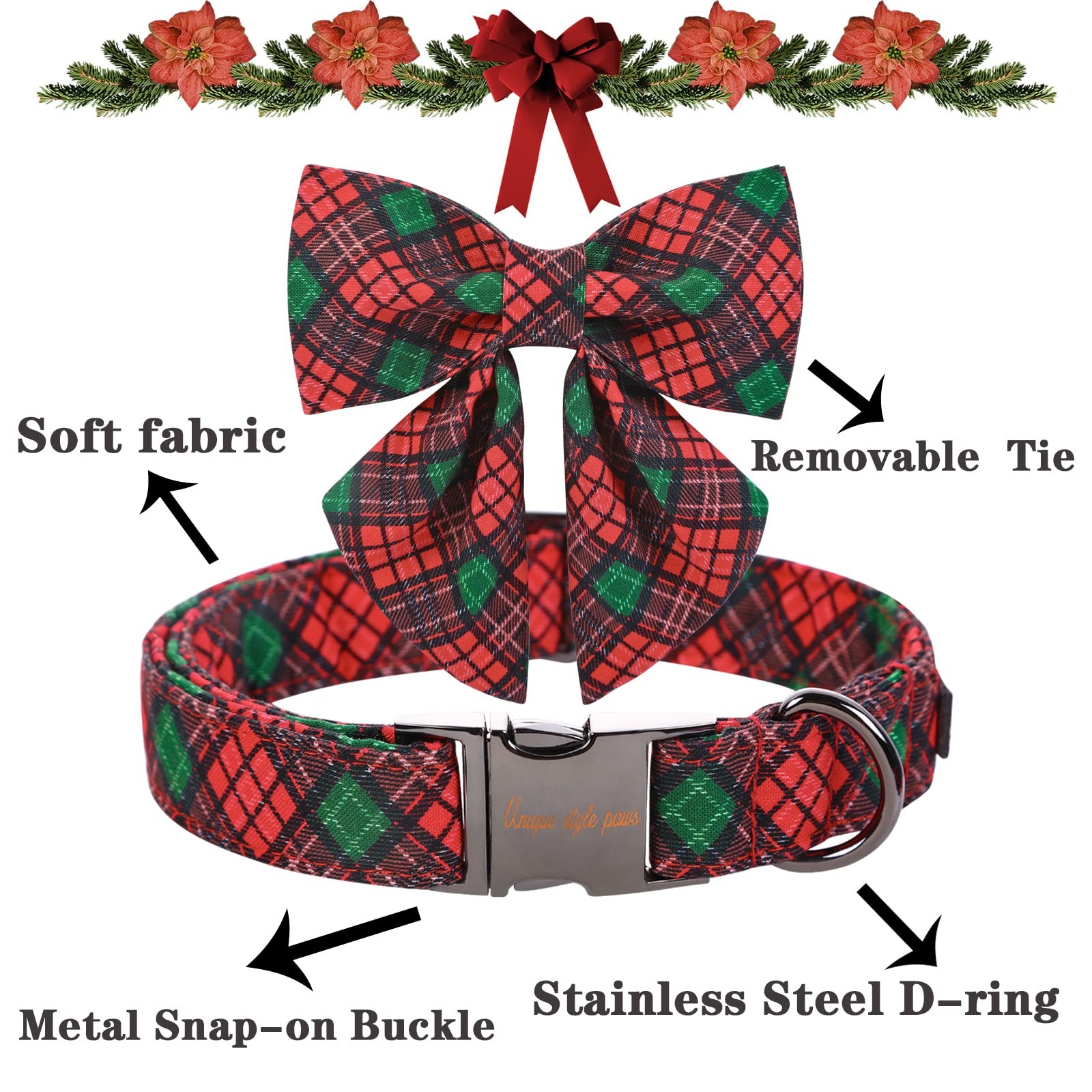 Unique Style Paws Christmas Dog Collar With Tie Red Green Plaid Adjustable Cotton Puppy Collar For Small Medium Large Dogs-S