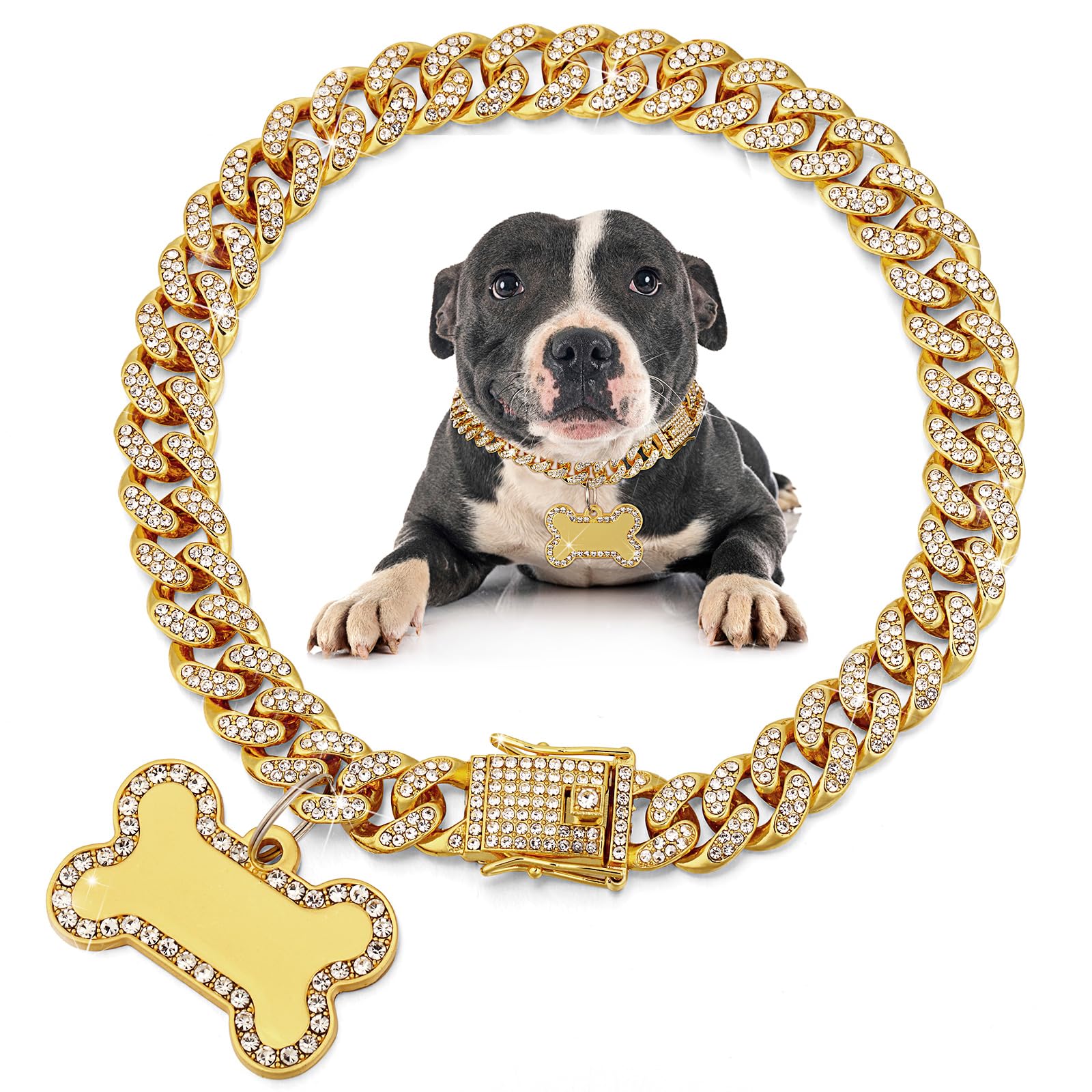 Hillban Dog Chain Golden Diamond Collar With Pet Id Jewelry Tags Rhinestones Stainless Steel Metal Link Collar Walking Chain Nec