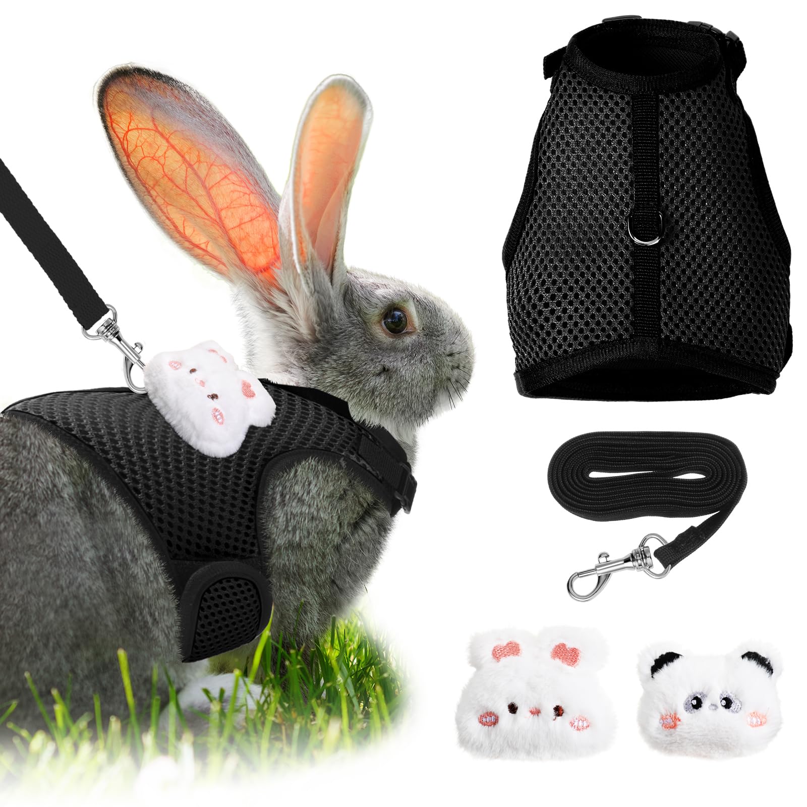 Rabbit Harness And Leash Set With 2 Cute Decorations Bunny Clothes Adjustable Buckle Breathable Mesh Vest Harness For Rabbits Fe