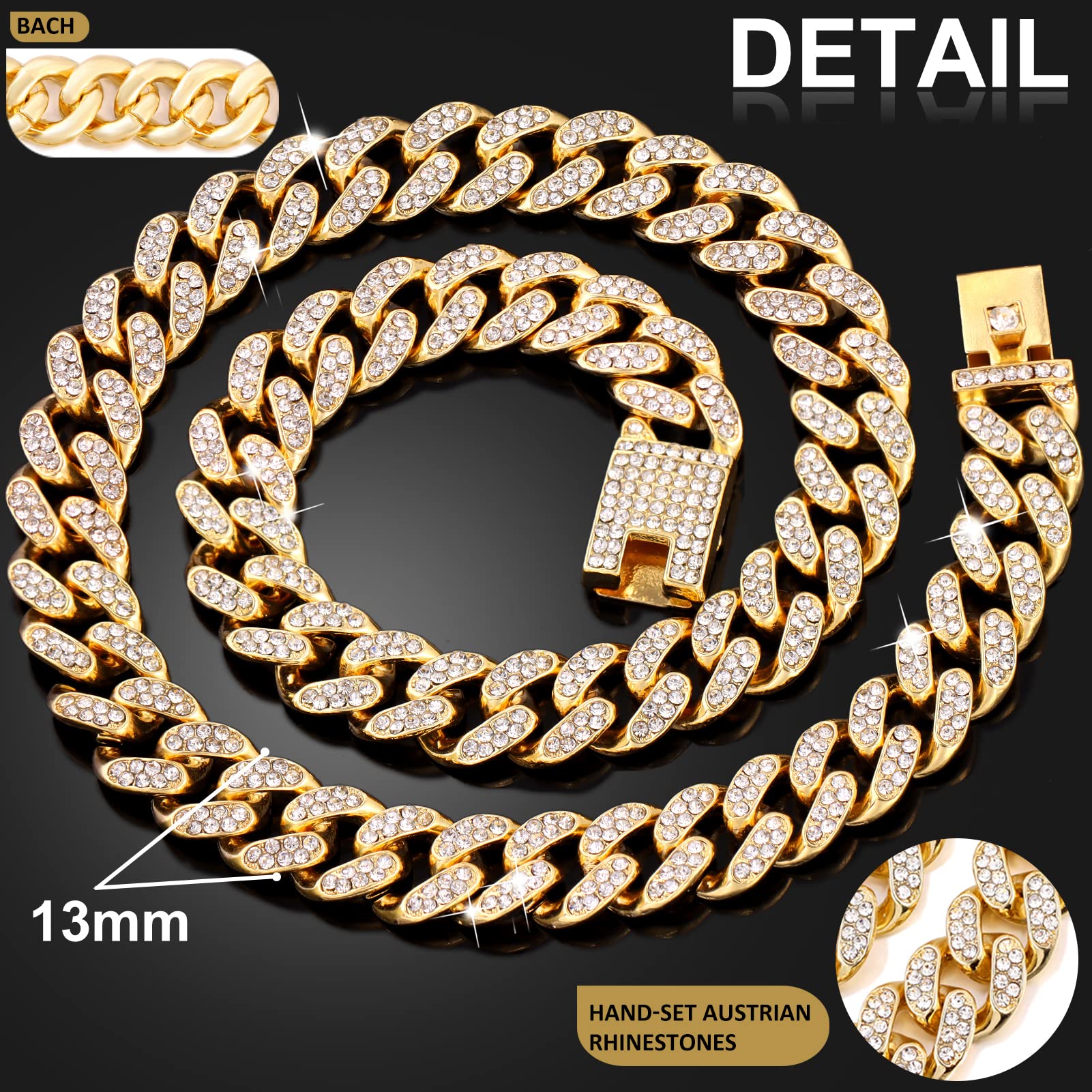 Flatfoosie Cuban Link Dog Collar Gold Silver Color Metal Chain Diamond Pet Collars For Dogs Cats Jewelry 8/10/14/16/18/20/24/28