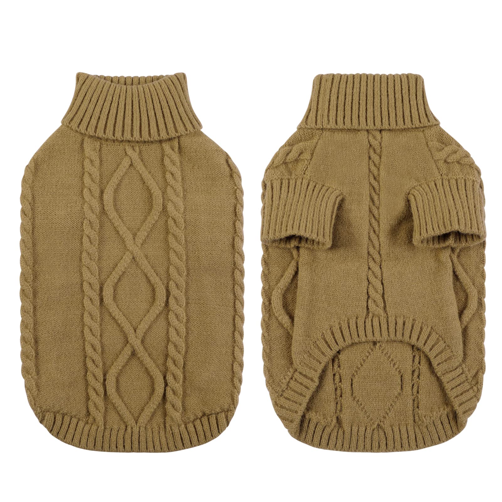 Queenmore Small Dog Pullover Sweater, Cold Weather Cable Knitwear, Classic Turtleneck Thick Warm Clothes For Chihuahua, Bulldog, Dachshund, Pug (Light Brown, X-Large)