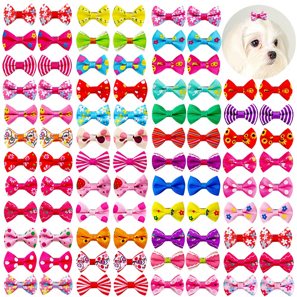 Mruq Pet 80Pcs/40Pairs Dog Bows, Bulk Cute Pet Small Dog Bows Clips 0.98X1.37 Inches, Handmade Mix Yorkie Puppy Dog Hair Groomin