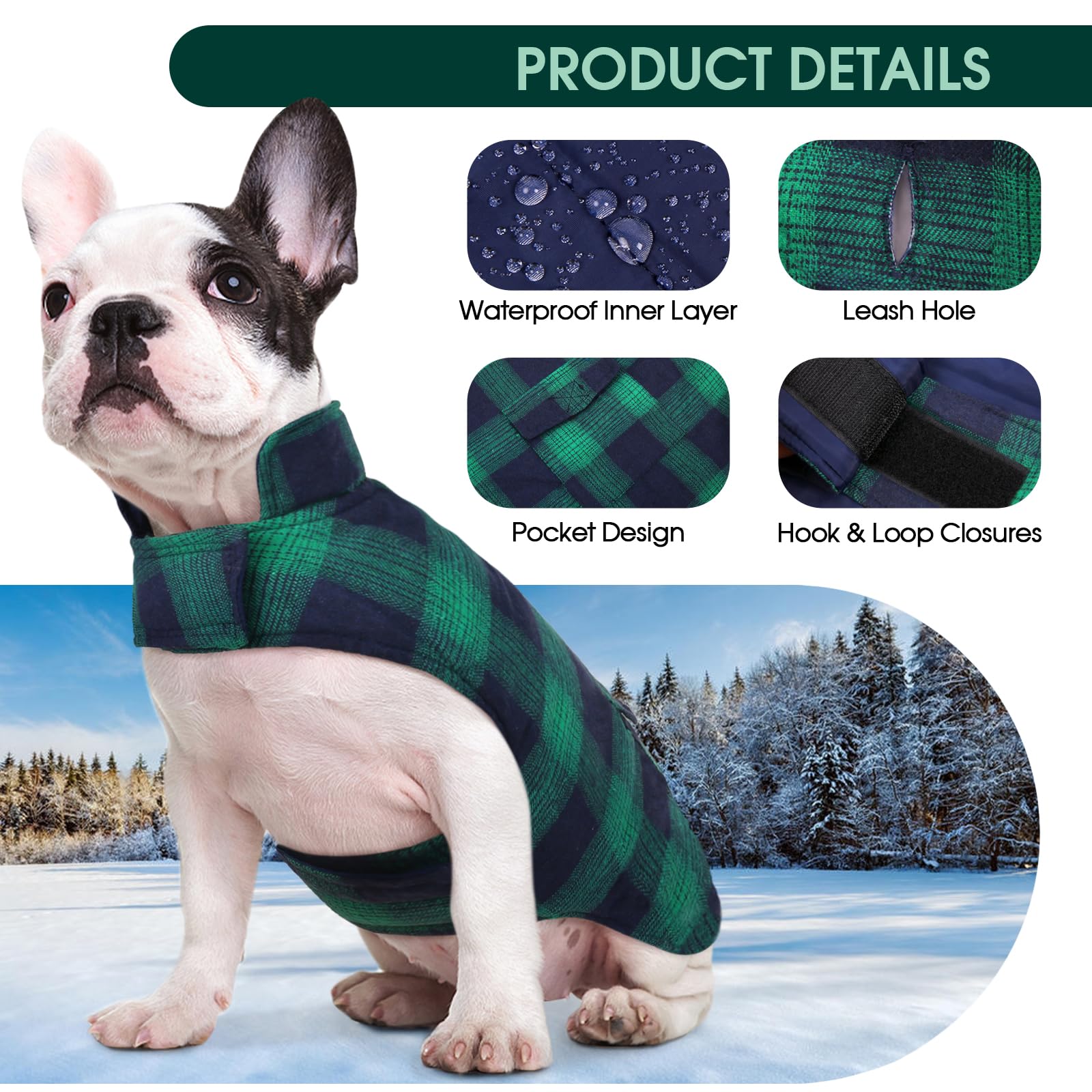 Kuoser Reversible Dog Jacket, Warm Winter Coat, Windproof Dog Clothes, Puppy Cold Weather Coat, Green S, M, L