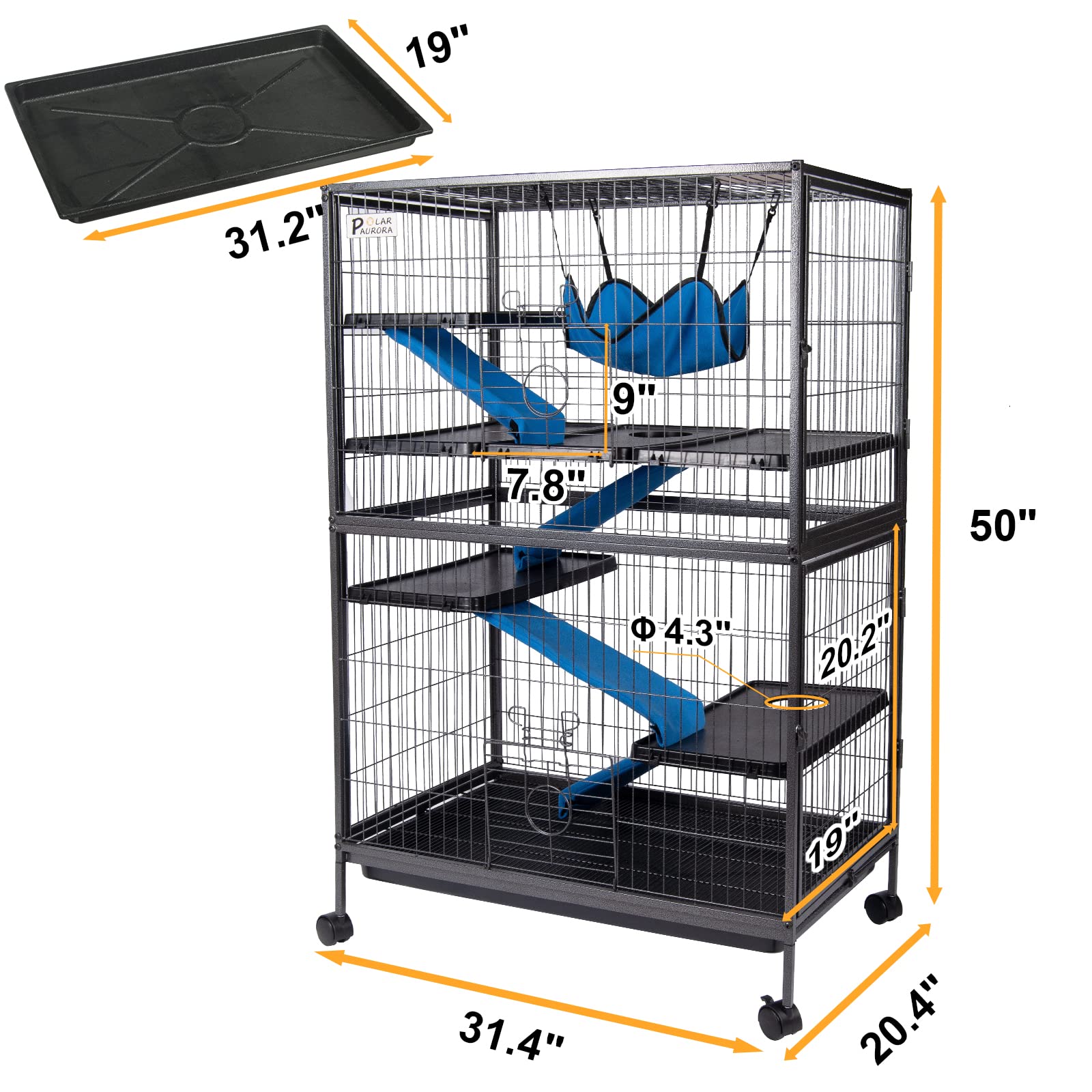 50' H 4 Tier Steel Plastic Deluxe Small Animal Pet Cage Kit For Guinea Pig Ferret Little Rabbit With Wheels Brakes Hammock Removable Tray And Ladder With Flannel