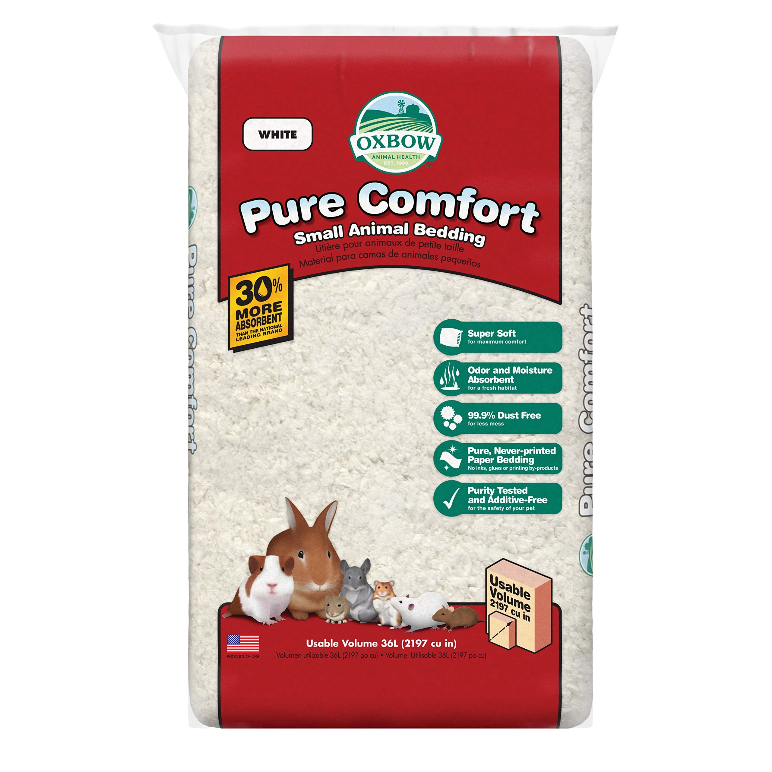 Oxbow Pure Comfort Small Animal Bedding - Odor & Moisture Absorbent, Dust-Free Bedding for Small Animals, White, 36 Liter Bag, 1