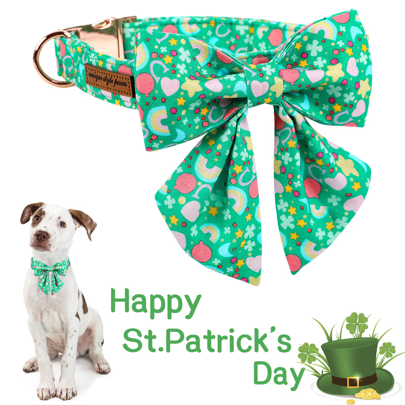 Unique Style Paws St. Patrick'S Day Dog Collar With Tie Rainbow Clover Heart Puppy Collar For Small Medium Large Boys Girls-Xl