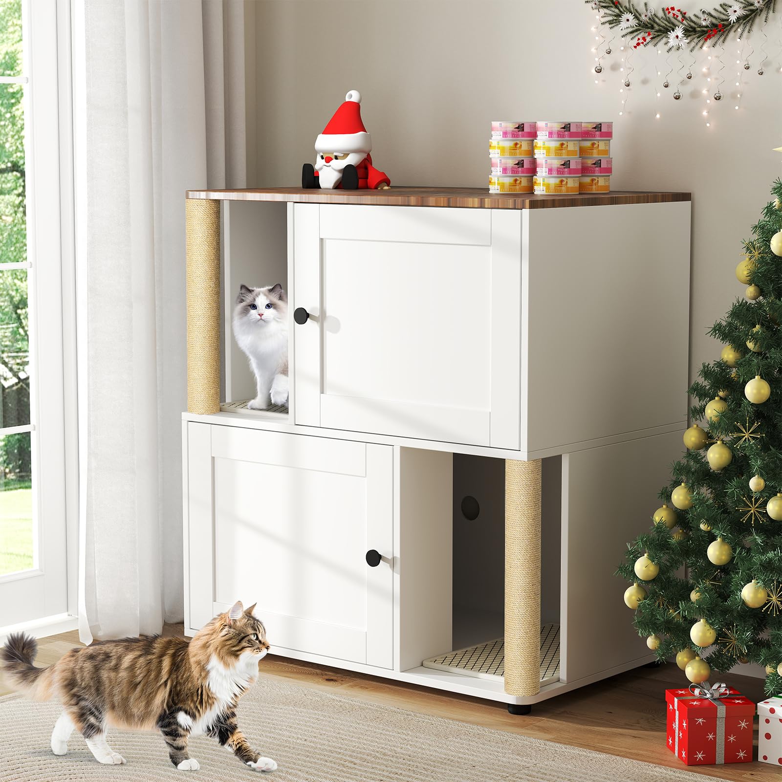 Yafylly Double Litter Box Enclosure, Litter Box Enclosure for 2 Litter Boxes, Cat Litter Furniture Hidden with Scratching Posts,
