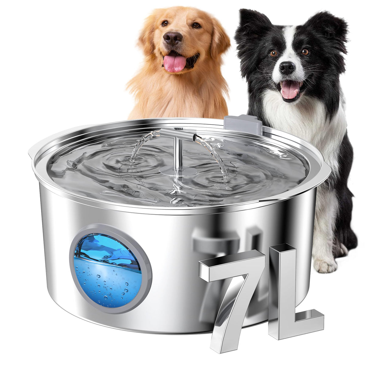 Dog Water Fountain for Large Dogs: 1.8Gal/7L Stainless Steel Dog fountains - Quiet Automatic pet Drinking Dispenser Indoor - Mul